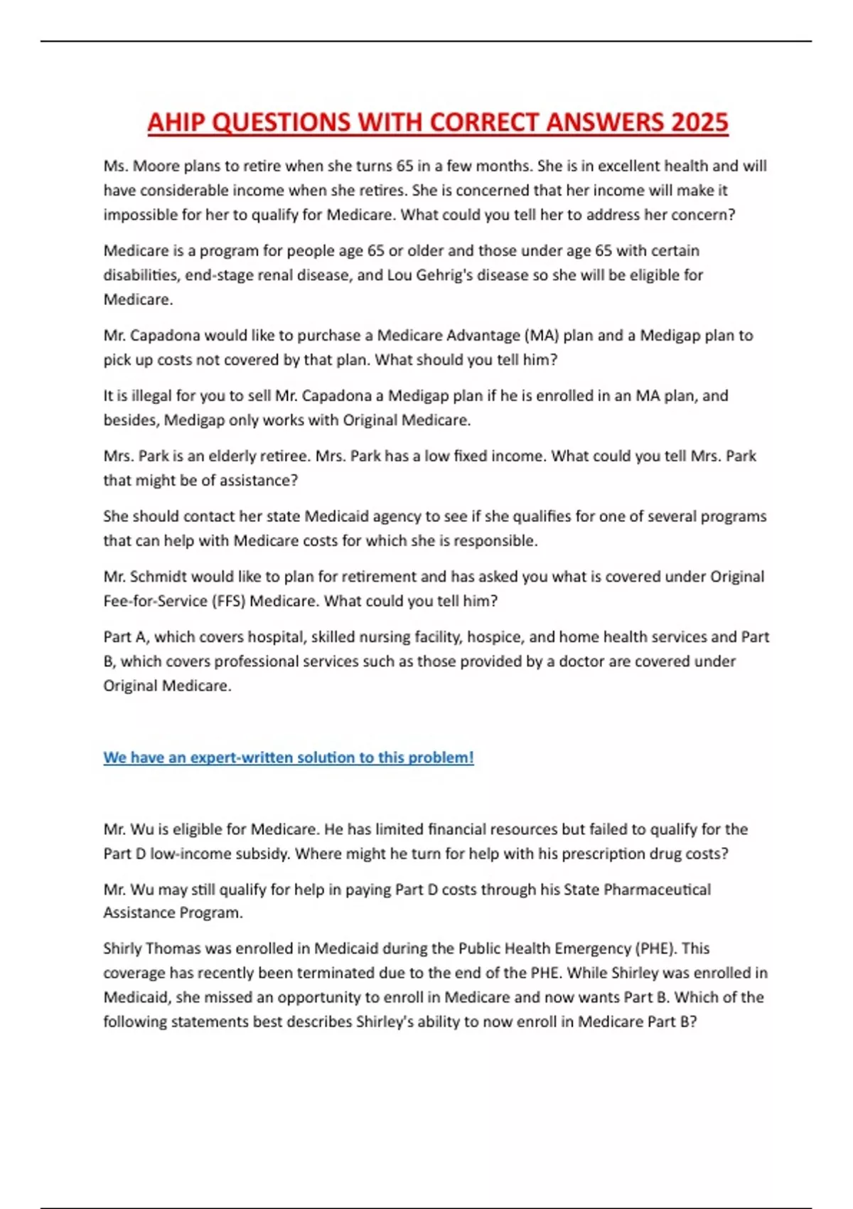 Ohip Question AHIP QUESTIONS WITH CORRECT ANSWERS 2025 - Ahip - Stuvia US