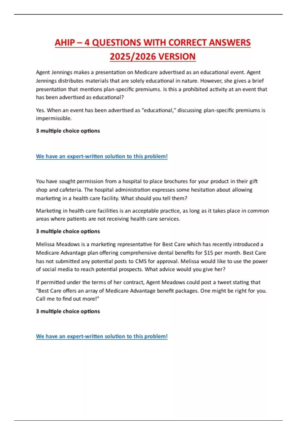 Ohip Question AHIP – 4 QUESTIONS WITH CORRECT ANSWERS 2025/2026 VERSION - Ahip ...