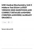 UNE Medical Biochemistry Unit 3 Midterm Test EXAM LATEST VERSION 2025 QUESTIONS AND CORRECT DETAILED ANSWERS &lpar;VERIFIED ANSWERS&rpar; &vert;ALREADY GRADED A