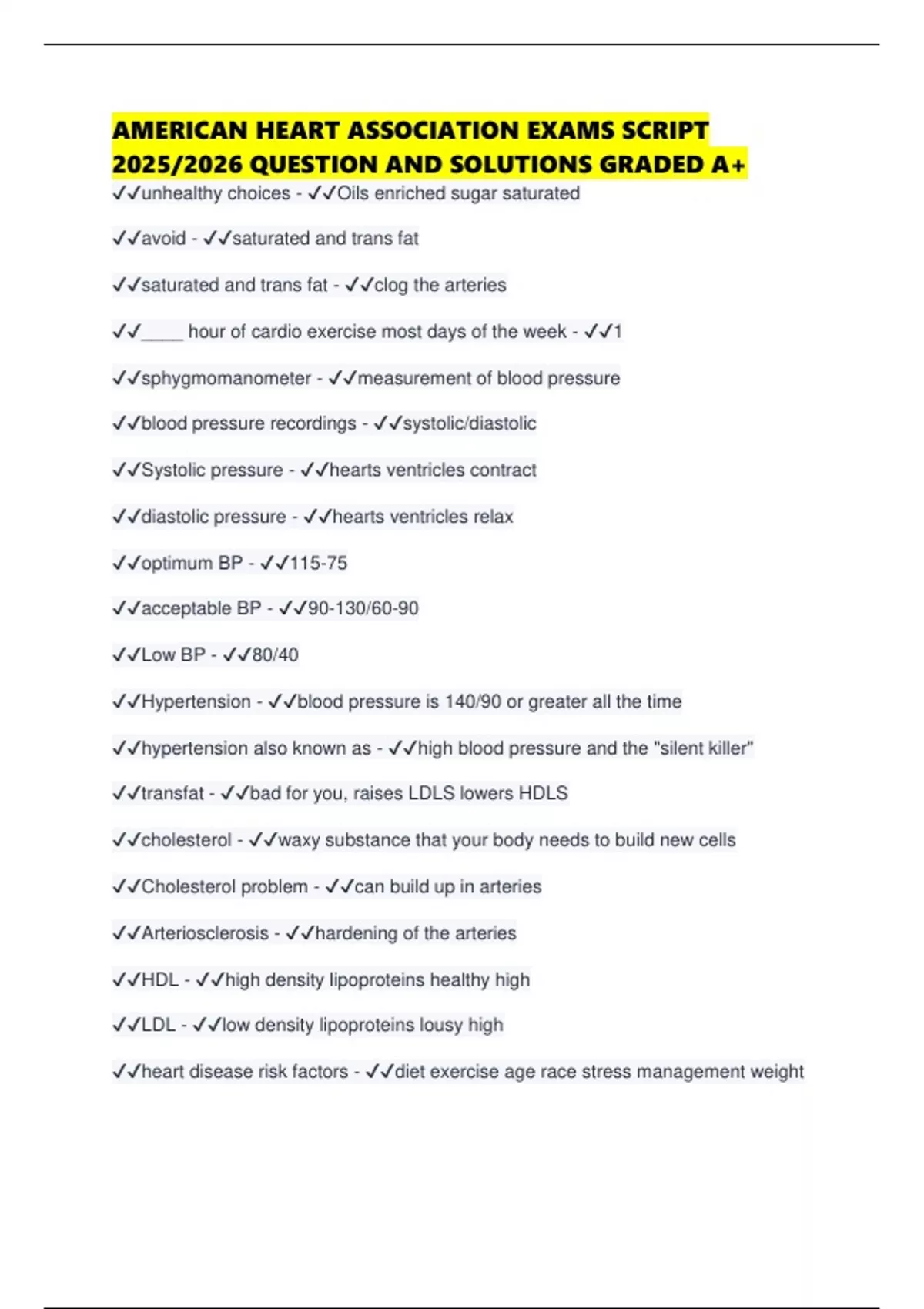 AMERICAN HEART ASSOCIATION EXAMS SCRIPT 2025/2026 QUESTION AND ...
