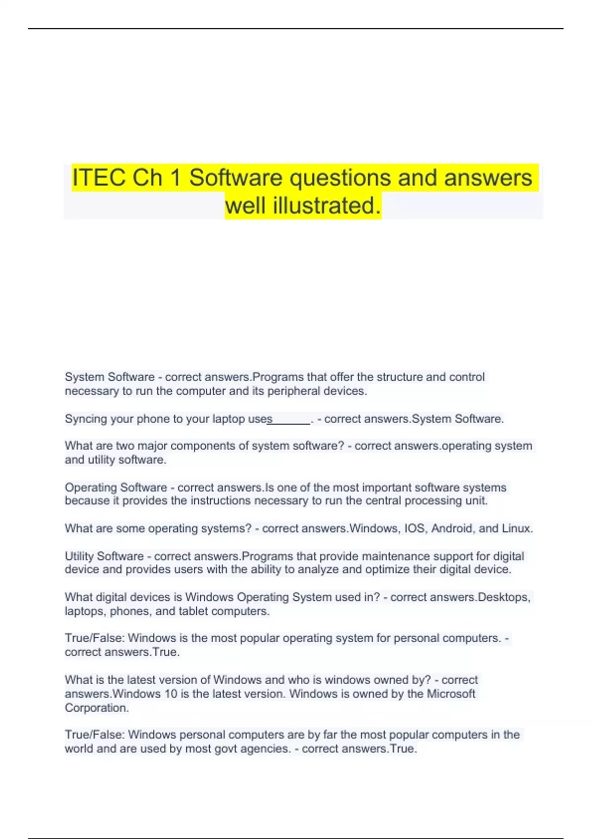 ITEC Ch 1 Software questions and answers well illustrated. - ITEC ...