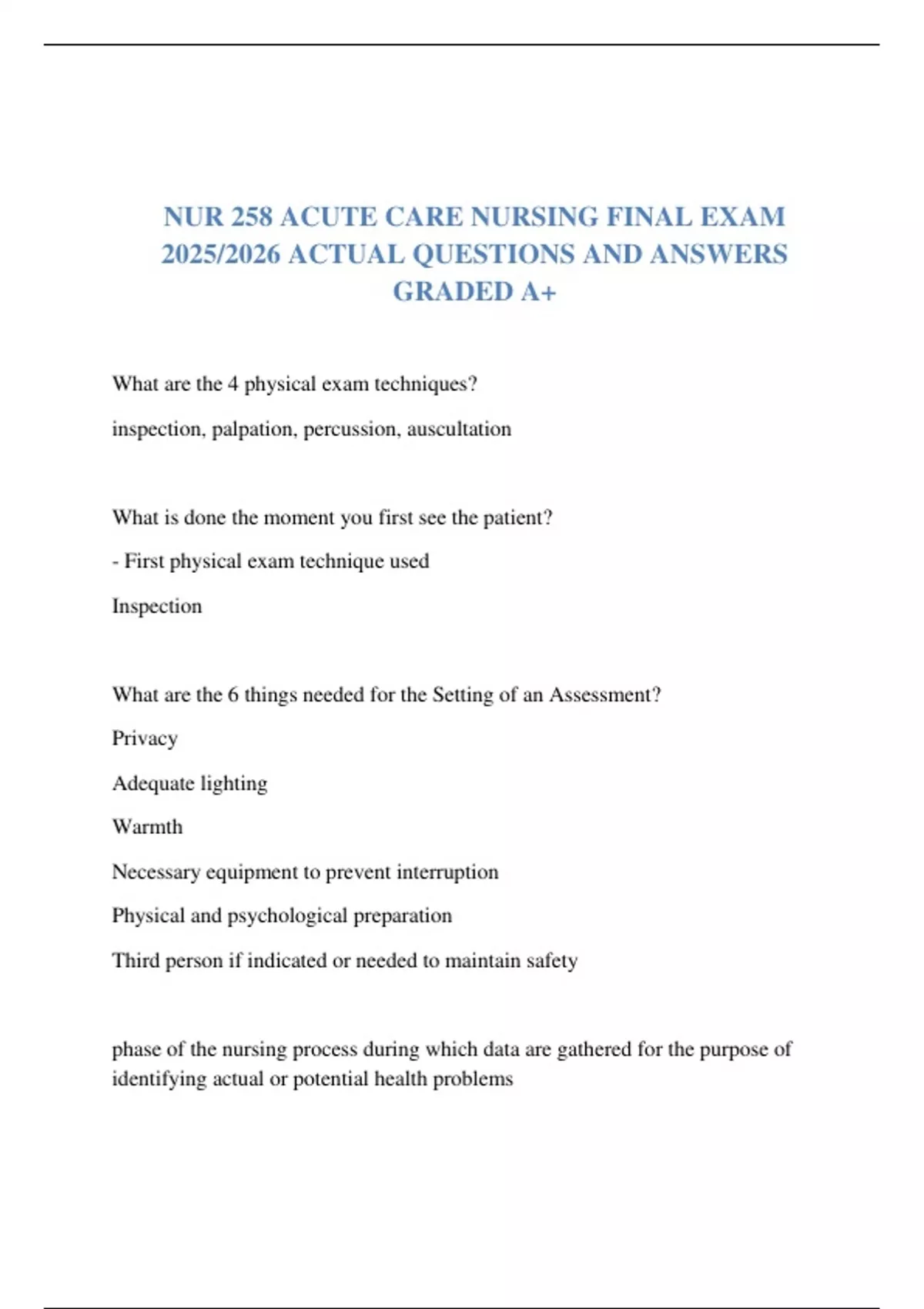 NUR 258 ACUTE CARE NURSING FINAL EXAM 2025/2026 ACTUAL QUESTIONS AND ...