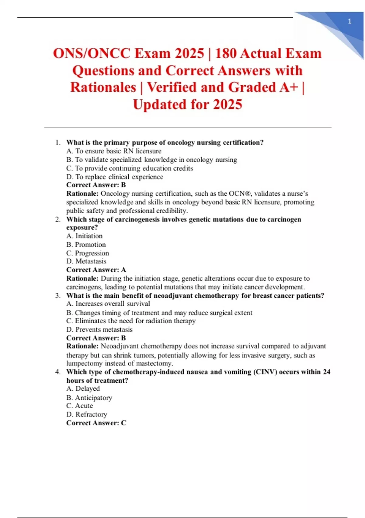 ONS/ONCC Exam 2025 | 180 Actual Exam Questions and Correct Answers with ...