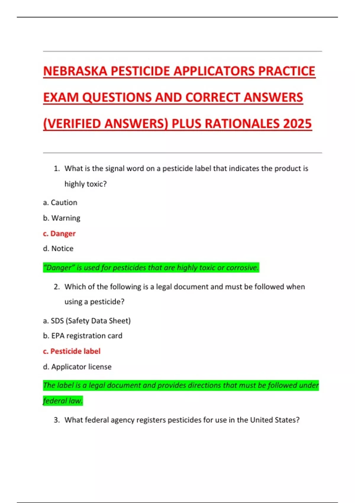 NEBRASKA PESTICIDE APPLICATORS PRACTICE EXAM QUESTIONS AND CORRECT ANSWERS (VERIFIED ANSWERS ...