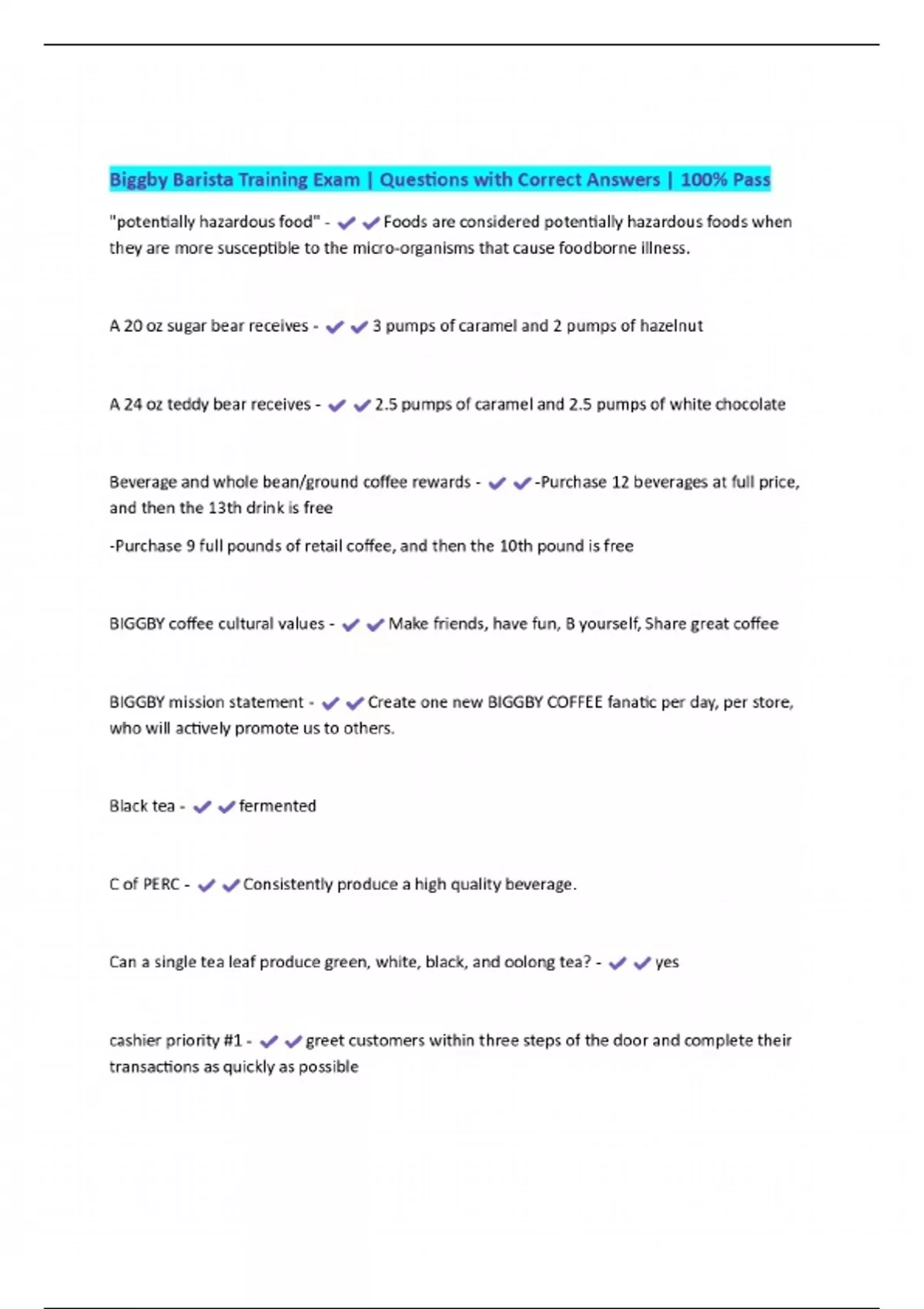 Biggby Barista Training Exam | Questions with Correct Answers | 100% ...