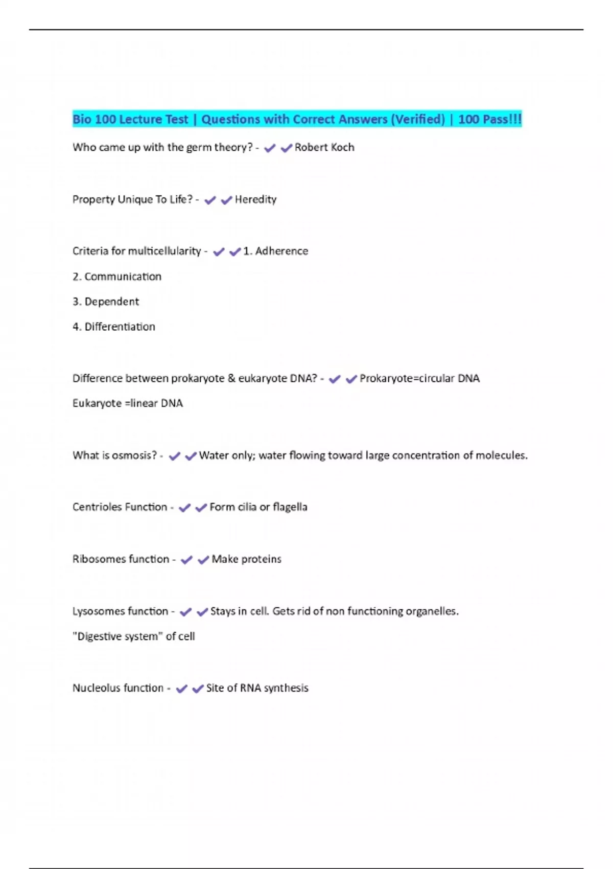 Bio 100 Lecture Test | Questions with Correct Answers (Verified) | 100 ...