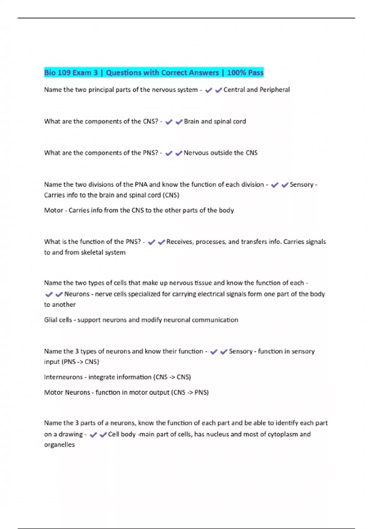 Bio 109 Exam 3 | Questions with Correct Answers | 100% Pass - Bio 109 ...