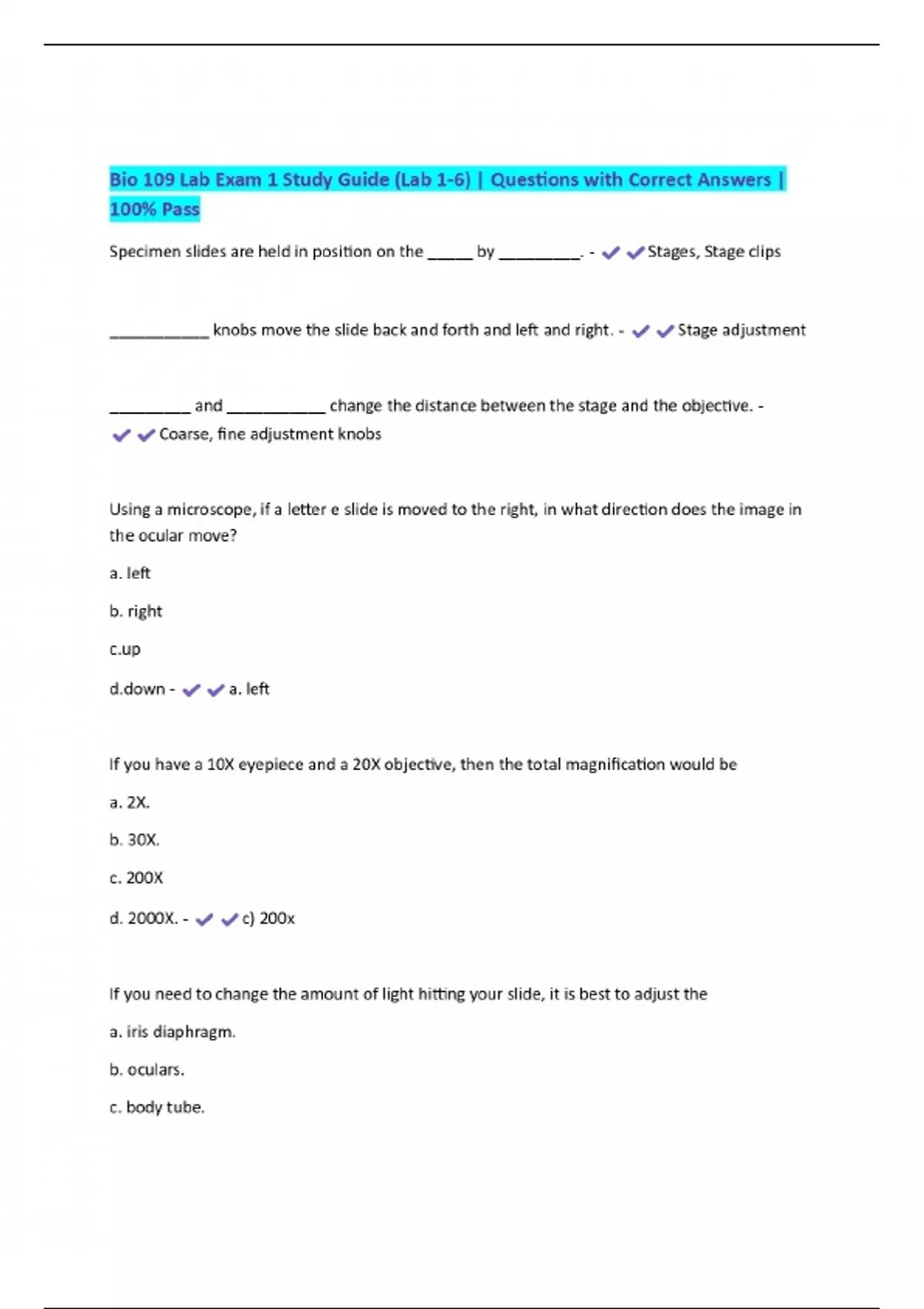 Bio 109 Lab Exam 1 Study Guide (Lab 1-6) | Questions with Correct ...