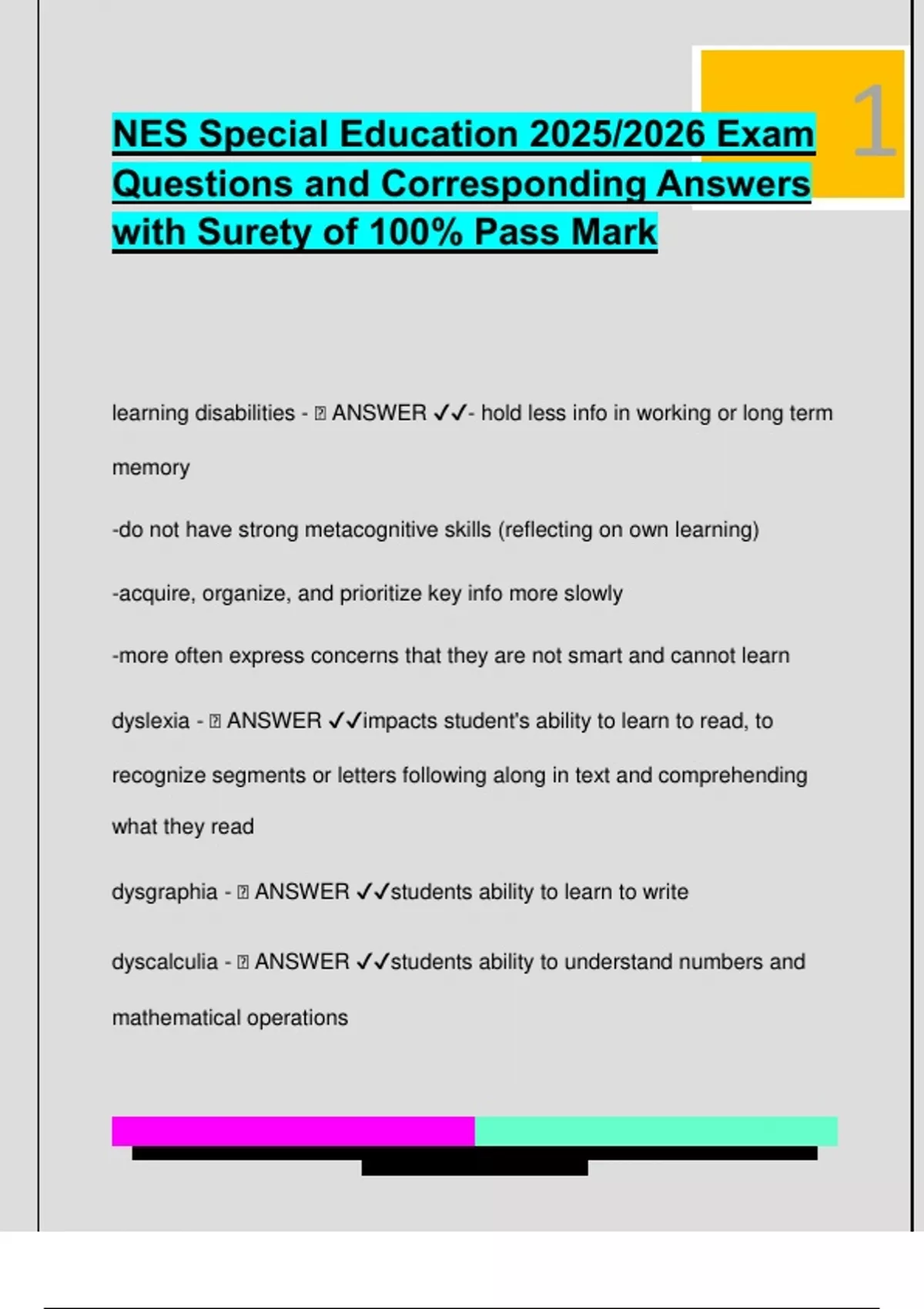 NES Special Education 2025/2026 Exam Questions and Corresponding ...