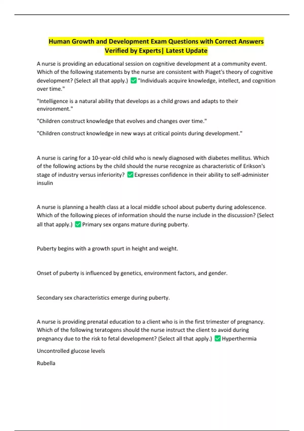 Human Growth and Development Exam Questions with Correct Answers ...