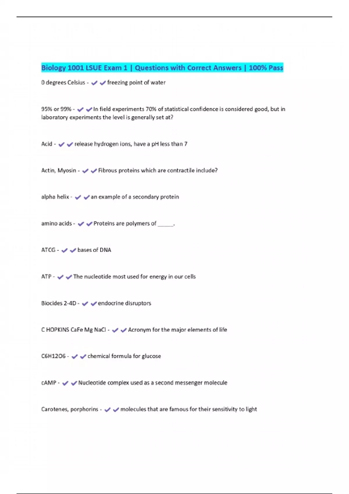 Biology 1001 LSUE Exam 1 | Questions with Correct Answers | 100% Pass ...