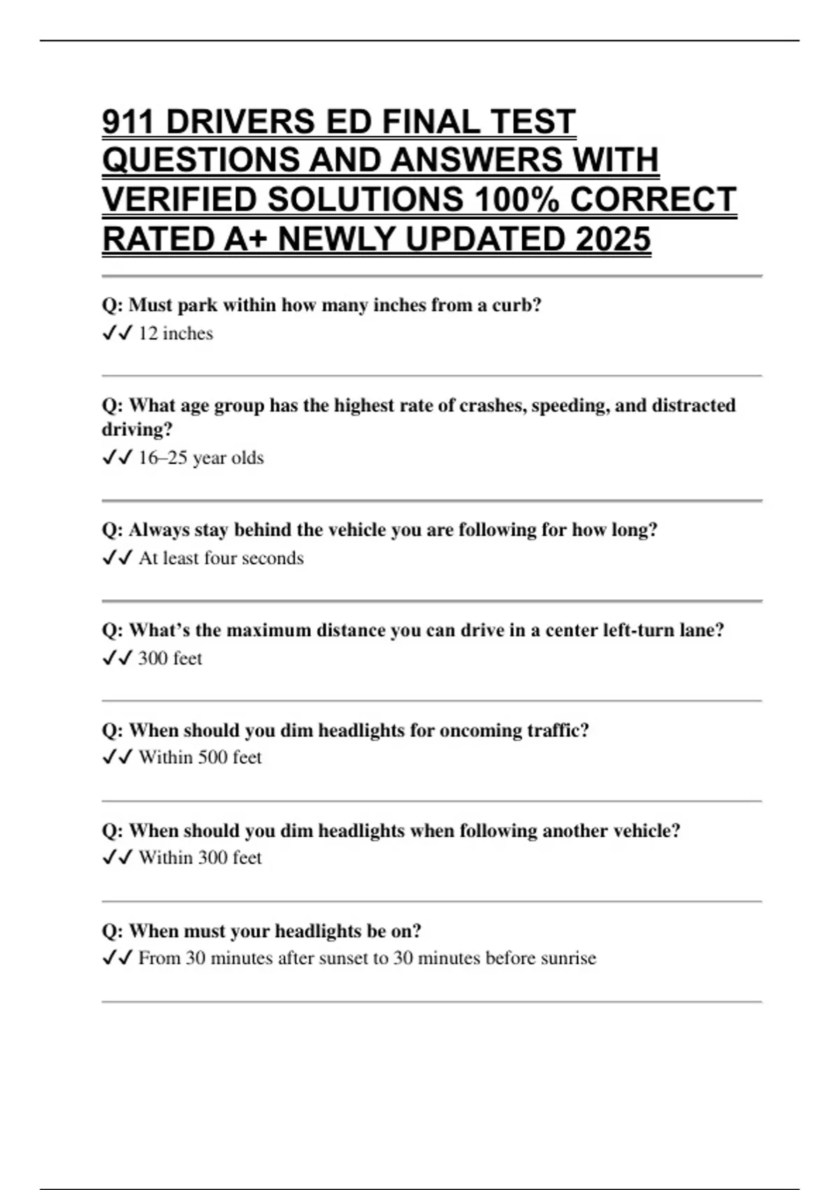 911 DRIVERS ED FINAL TEST QUESTIONS AND ANSWERS WITH VERIFIED SOLUTIONS ...