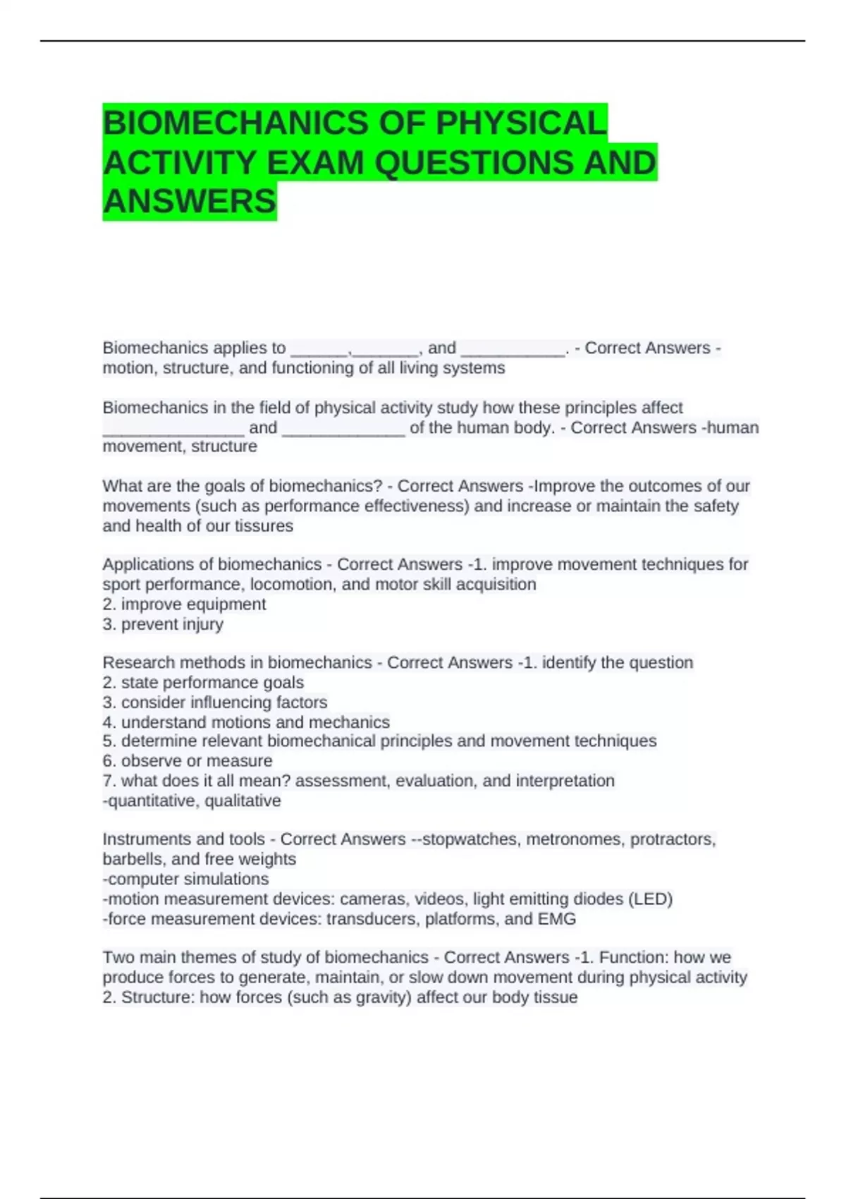 BIOMECHANICS OF PHYSICAL ACTIVITY EXAM QUESTIONS AND ANSWERS ...