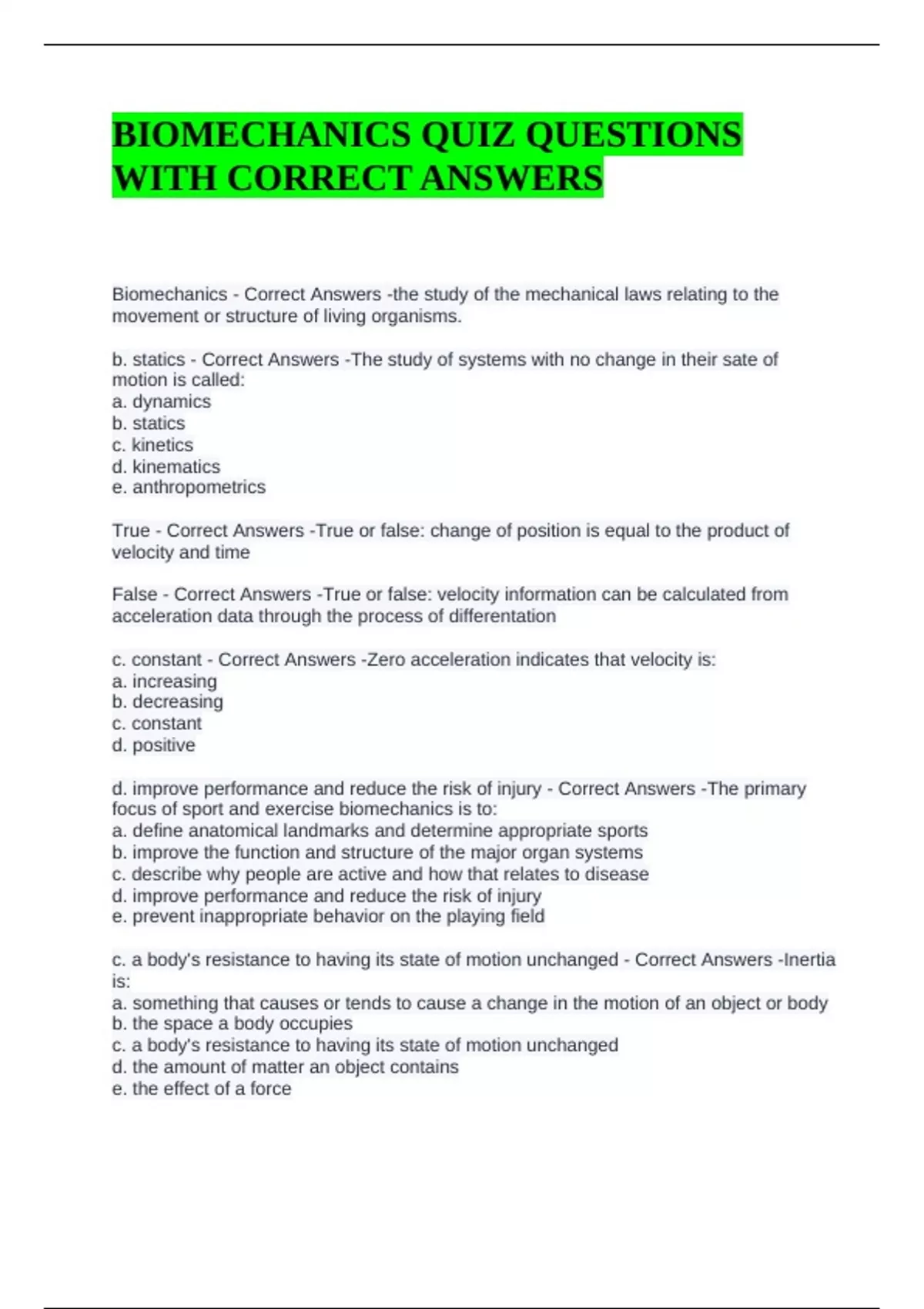 BIOMECHANICS QUIZ QUESTIONS WITH CORRECT ANSWERS - BIOMECHANICS OF ...