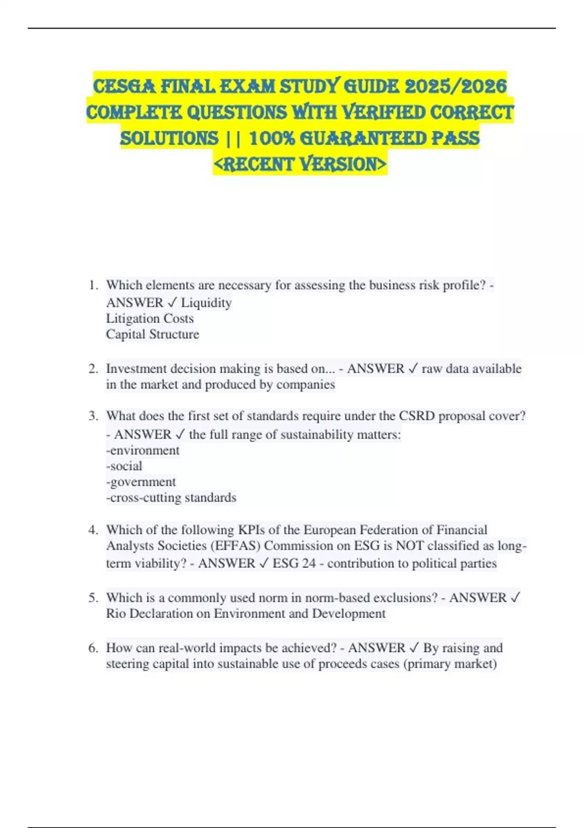CESGA FINAL EXAM STUDY GUIDE 2025/2026 COMPLETE QUESTIONS WITH VERIFIED ...
