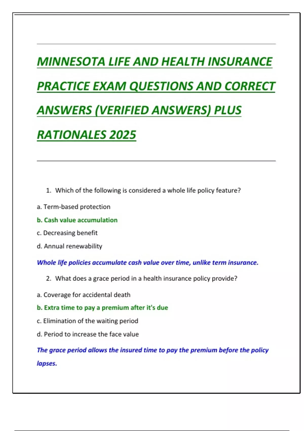 MINNESOTA LIFE AND HEALTH INSURANCE PRACTICE EXAM QUESTIONS AND CORRECT ANSWERS (VERIFIED ...