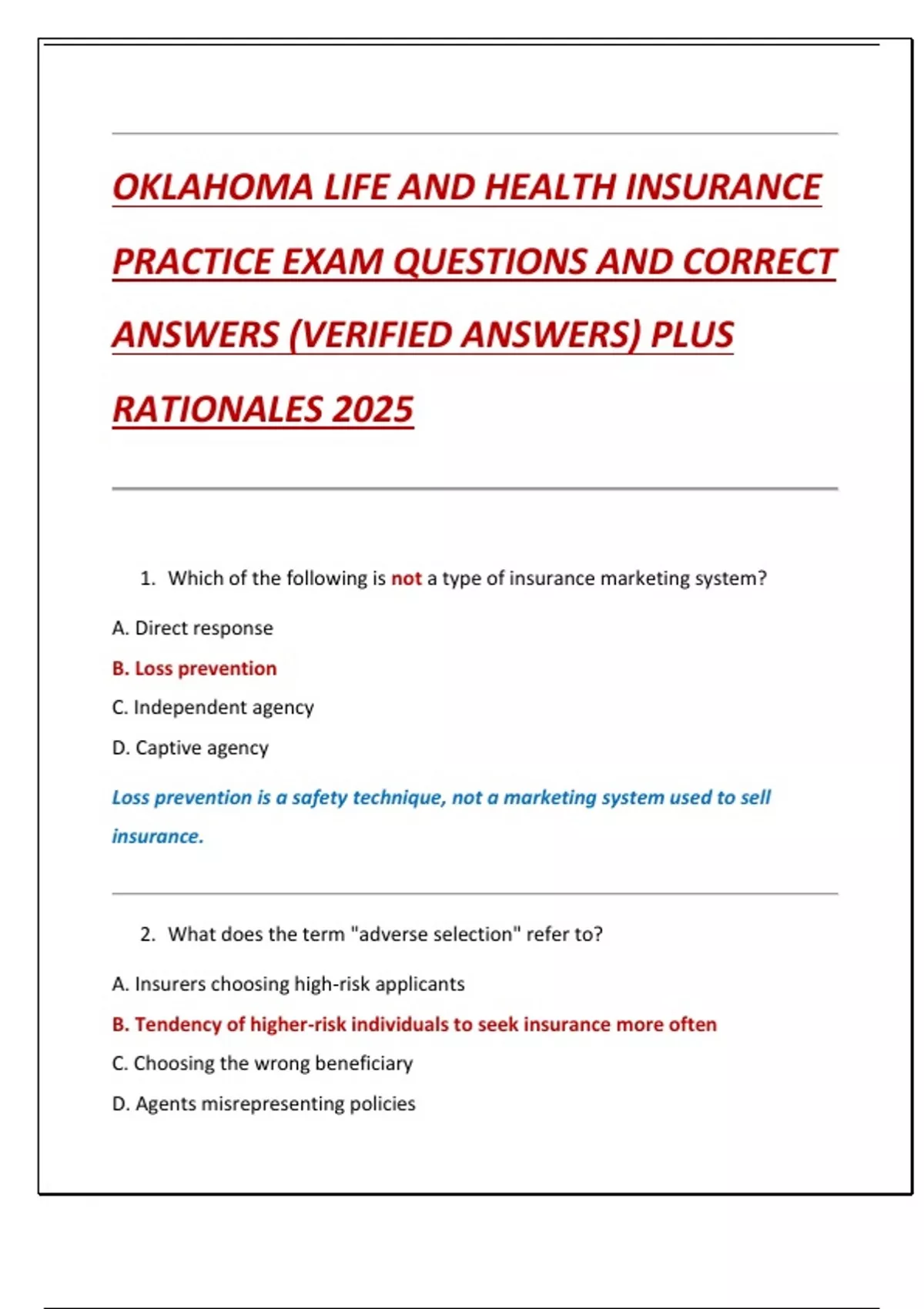 OKLAHOMA LIFE AND HEALTH INSURANCE PRACTICE EXAM QUESTIONS AND CORRECT ANSWERS (VERIFIED ANSWERS ...
