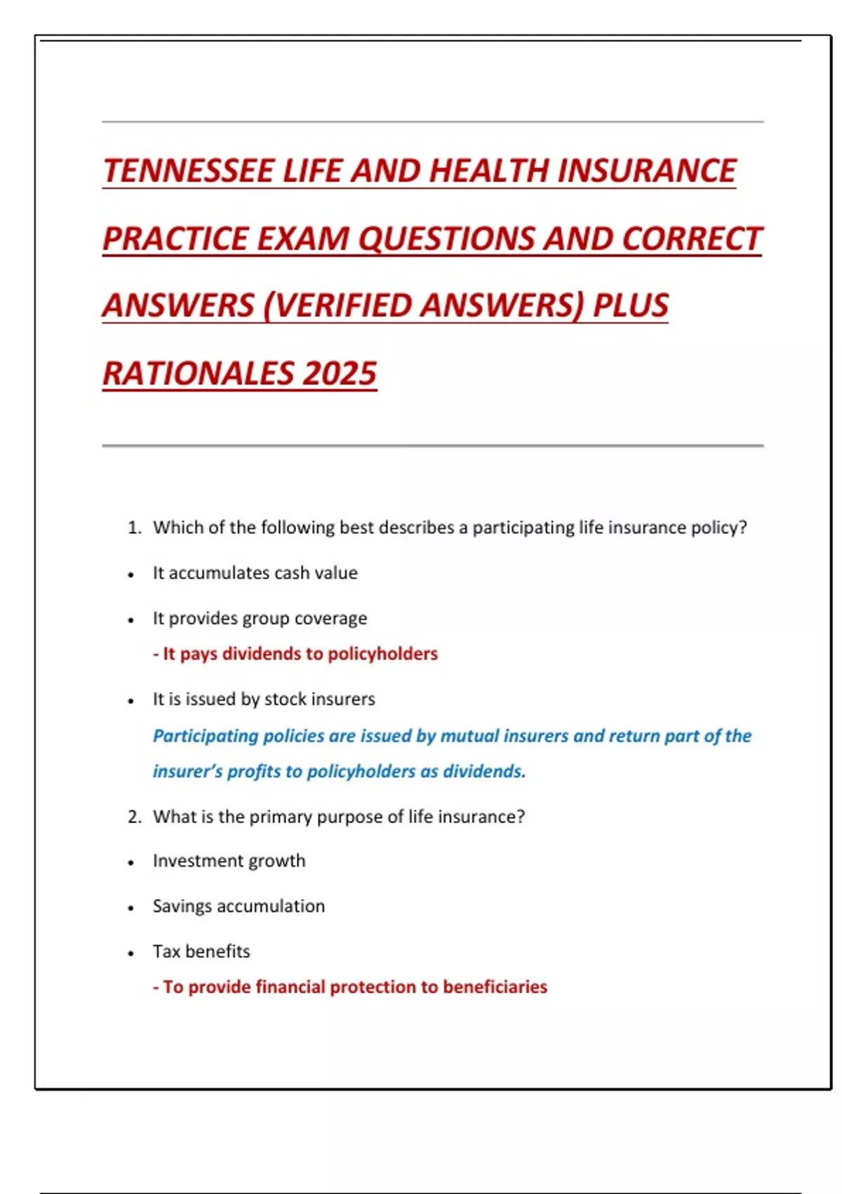 TENNESSEE LIFE AND HEALTH INSURANCE PRACTICE EXAM QUESTIONS AND CORRECT ANSWERS (VERIFIED ...