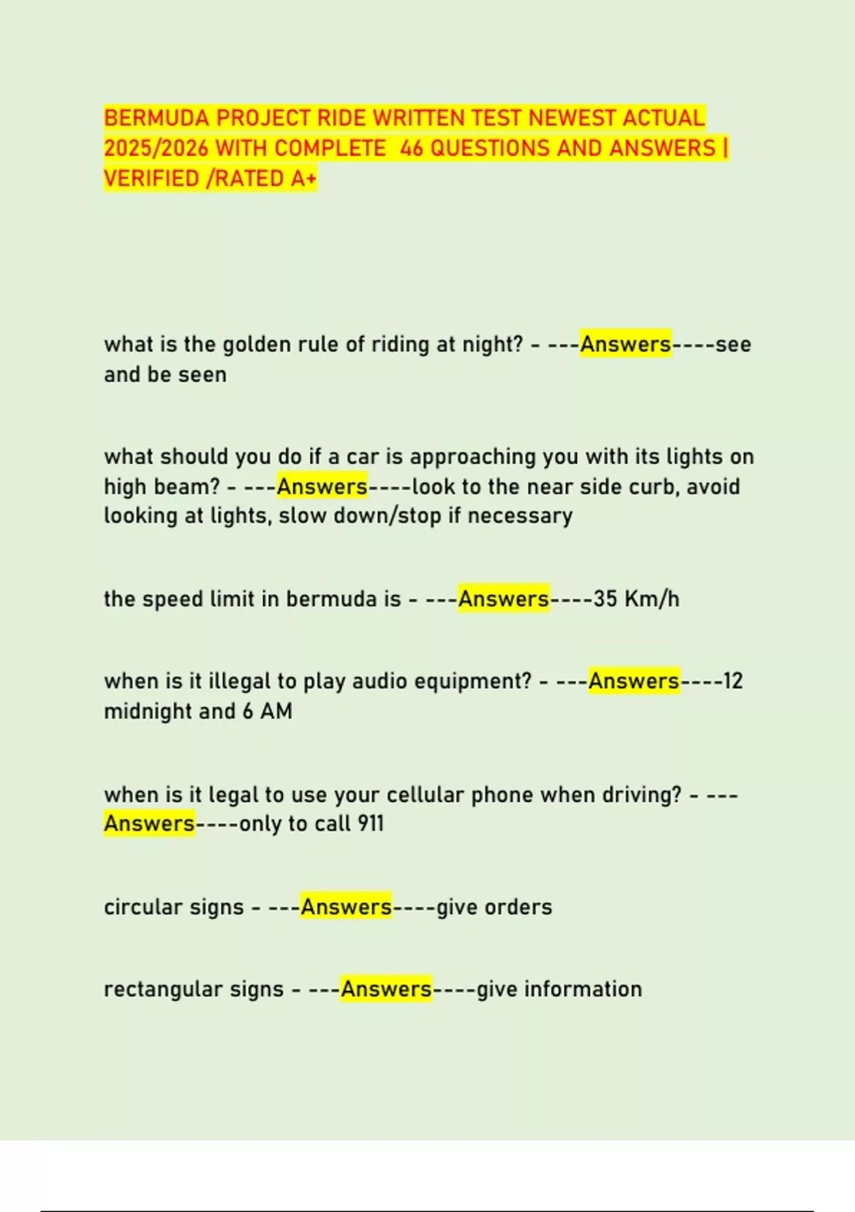 BERMUDA PROJECT RIDE WRITTEN TEST NEWEST ACTUAL 2025/2026 WITH COMPLETE ...