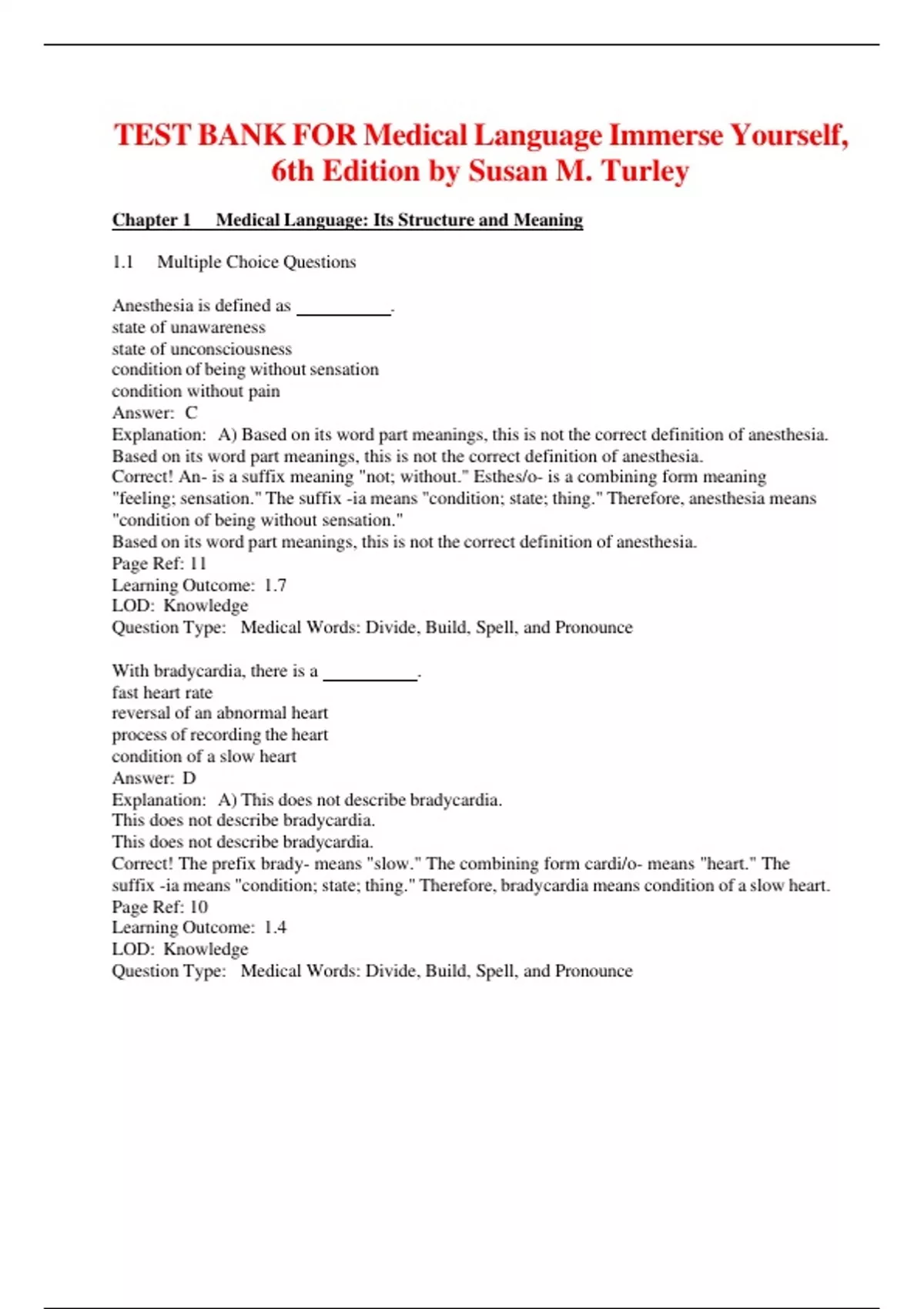 Test Bank for Medical Language: Immerse Yourself 6th Edition by Susan ...