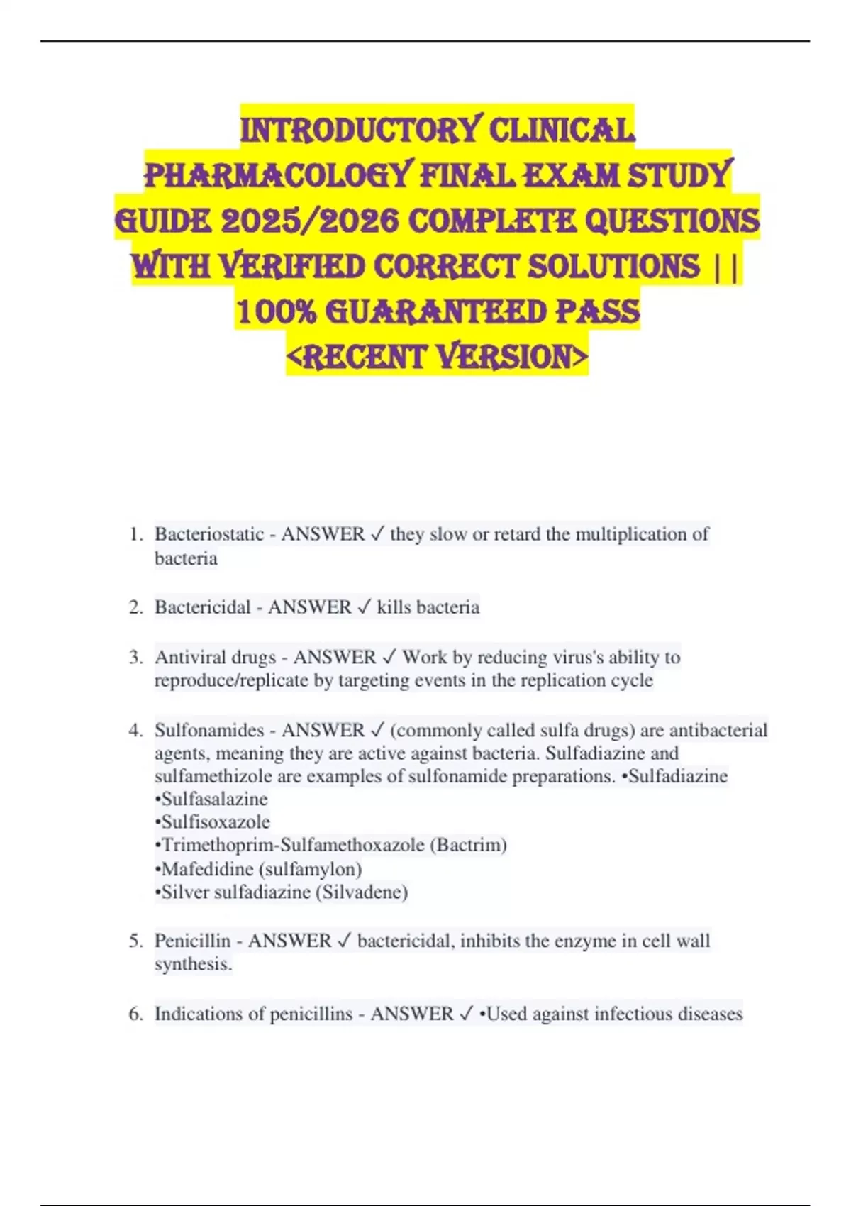 Introductory Clinical Pharmacology FINAL EXAM STUDY GUIDE 2025/2026 ...