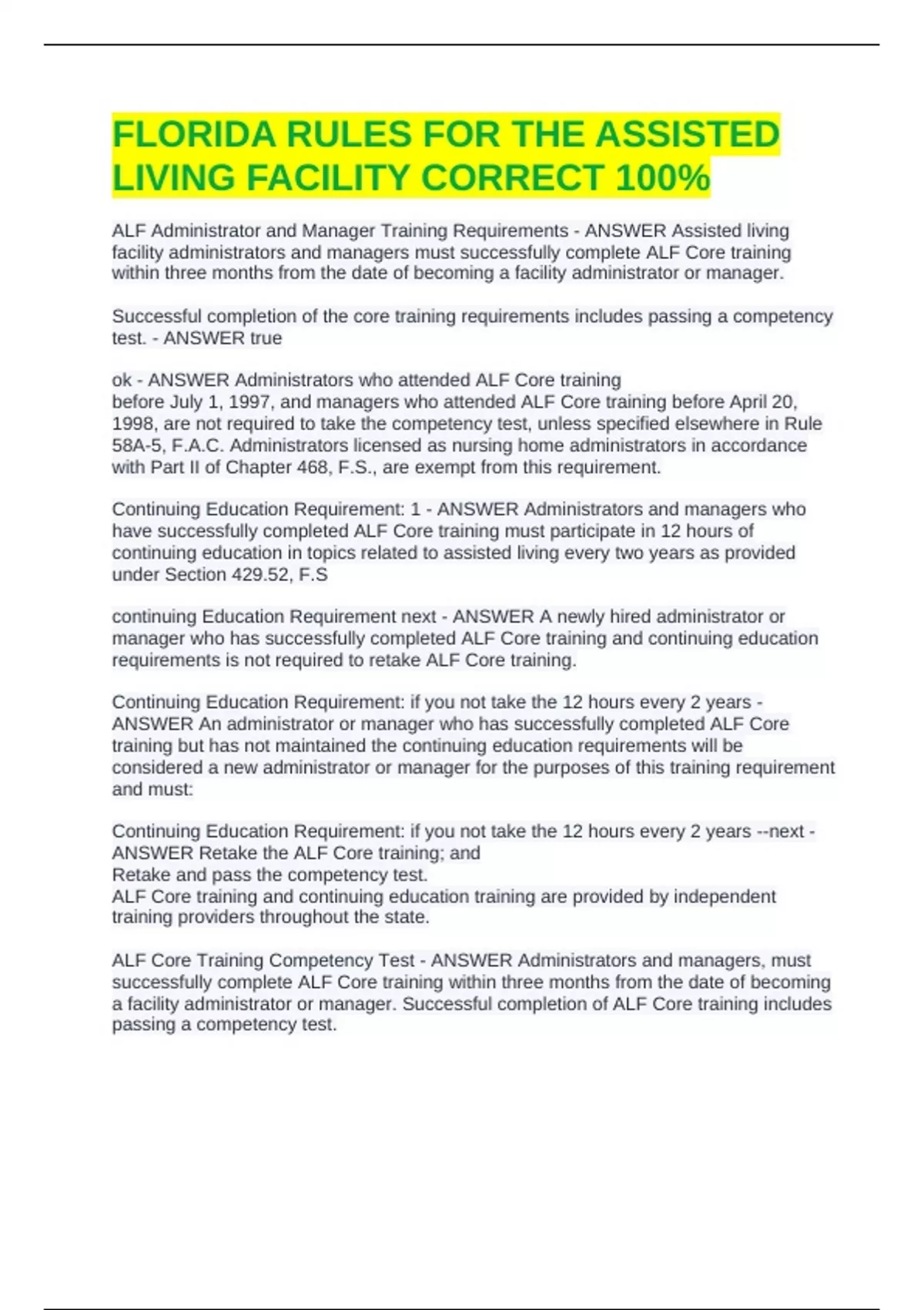 FLORIDA RULES FOR THE ASSISTED LIVING FACILITY CORRECT 100% - Florida ...