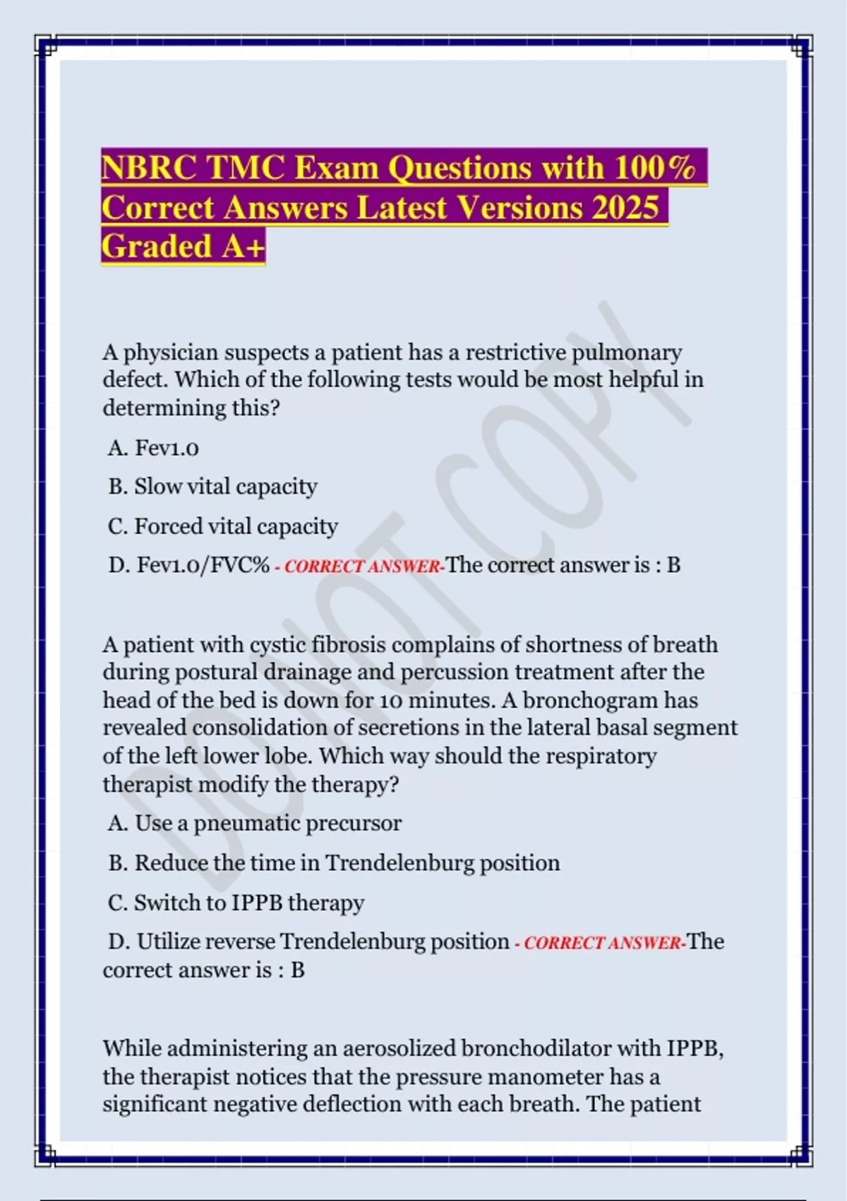 NBRC TMC Exam Questions with 100% Correct Answers Latest Versions 2025 ...