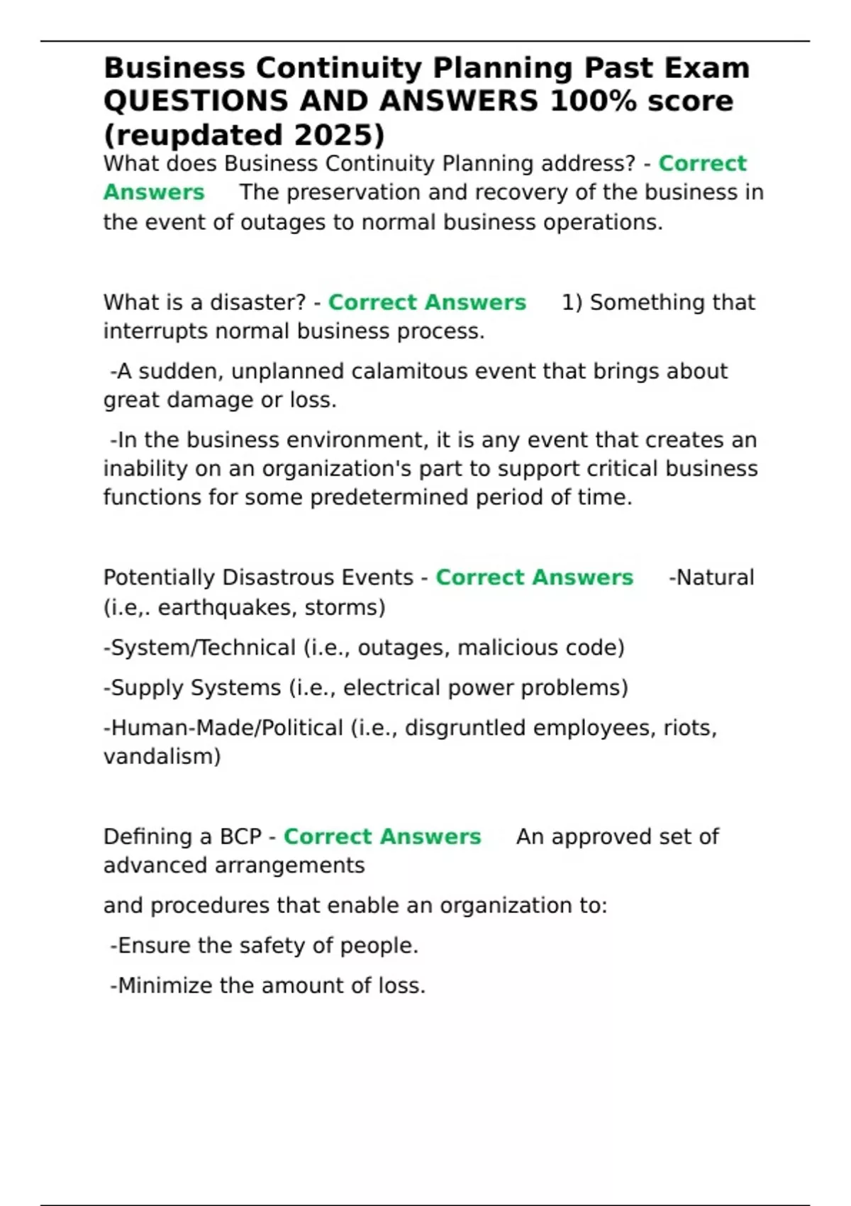 Bcp Questions Business Continuity Planning Past Exam QUESTIONS AND ANSWERS 100- score ...