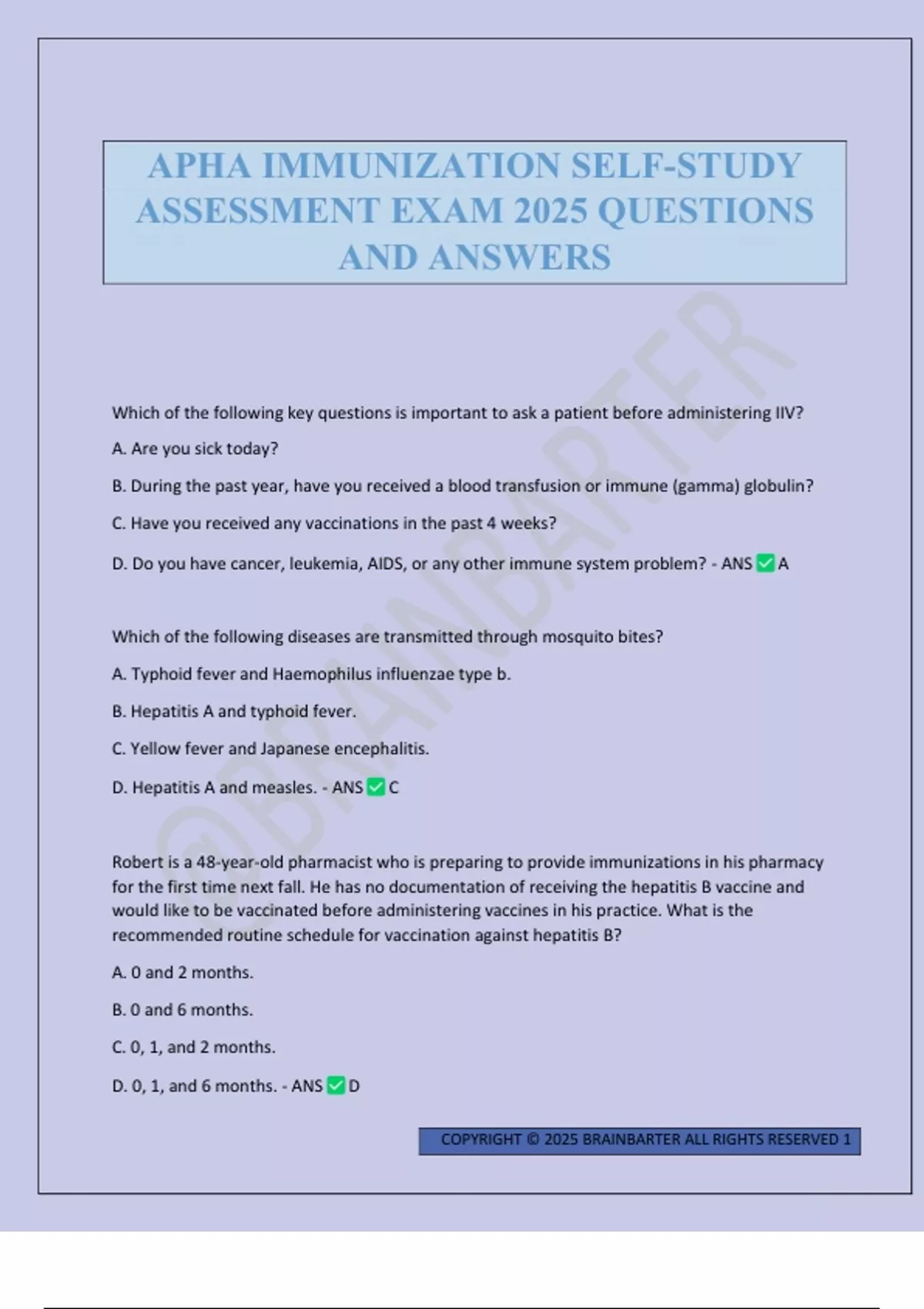 APHA IMMUNIZATION SELF-STUDY ASSESSMENT EXAM 2025 QUESTIONS AND ANSWERS ...