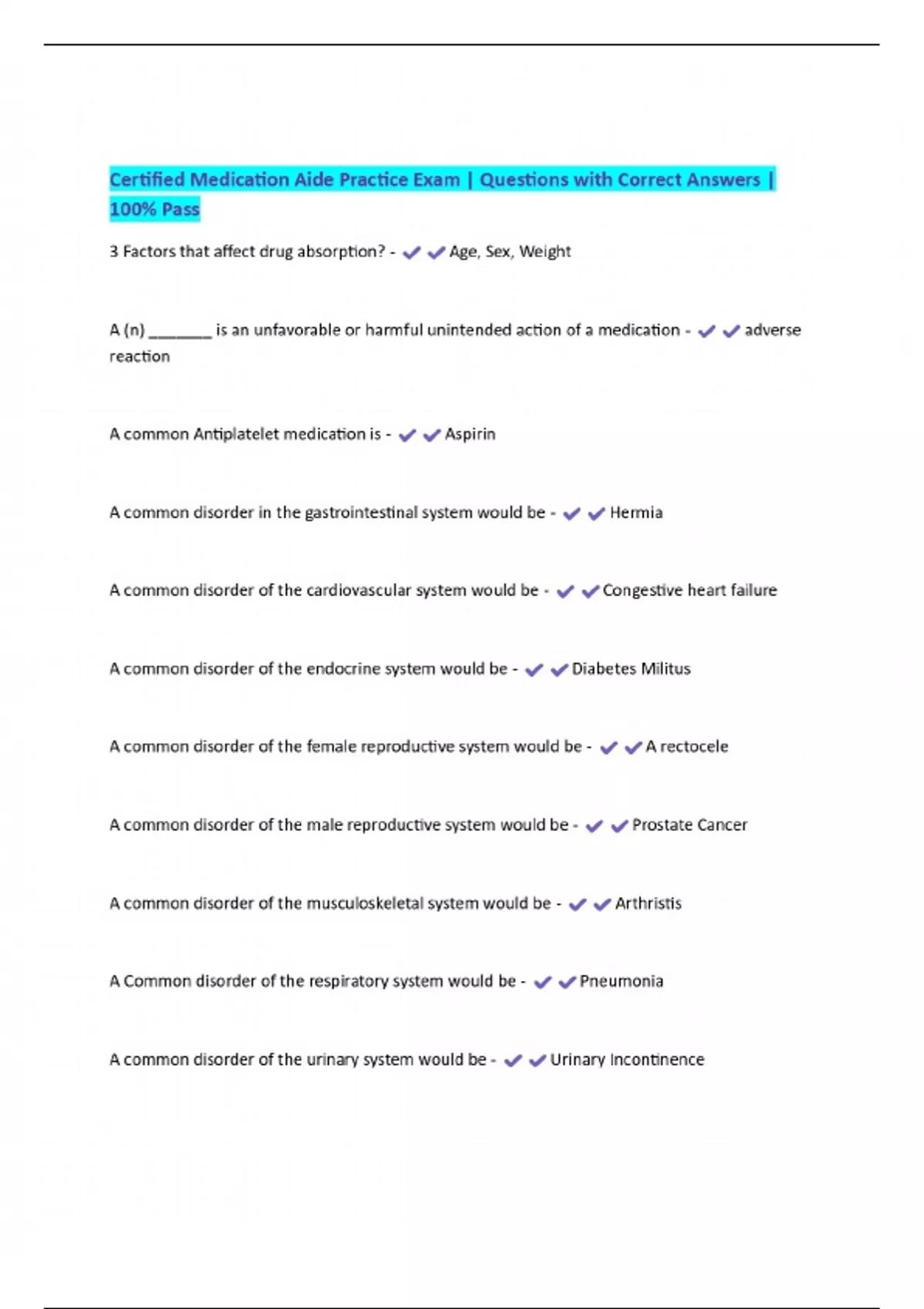 Certified Medication Aide Practice Exam Questions With Correct