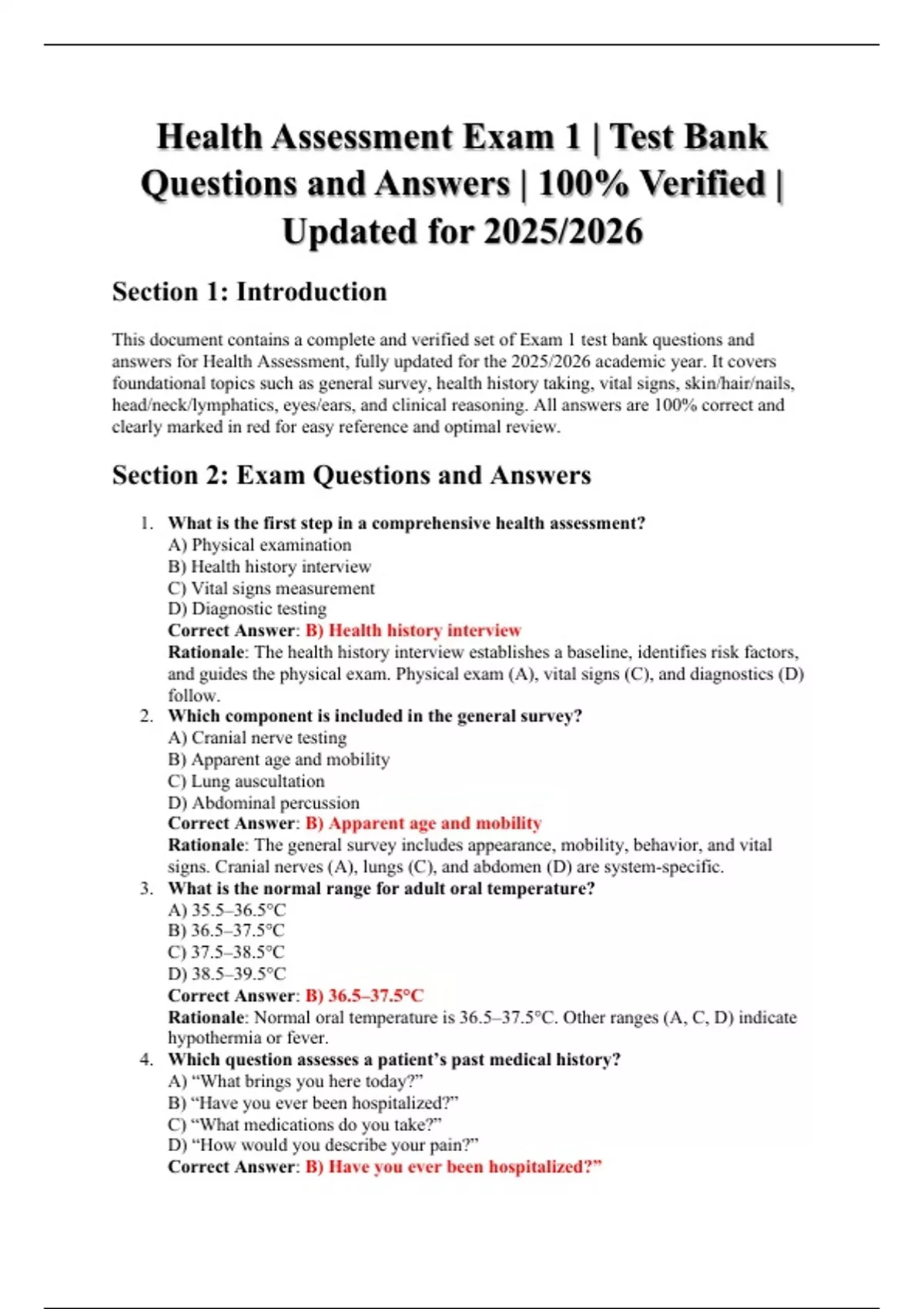 Health Assessment Exam 1 | Test Bank with Verified Questions and ...