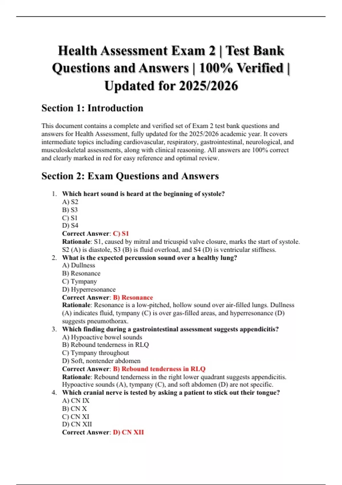 Health Assessment Exam 2 | Test Bank with Verified Questions and ...