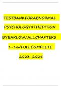 Test Bank For Abnormal Psychology 8th Edition By Barlow All Chapters 1-16 Full Complete 2024/2025