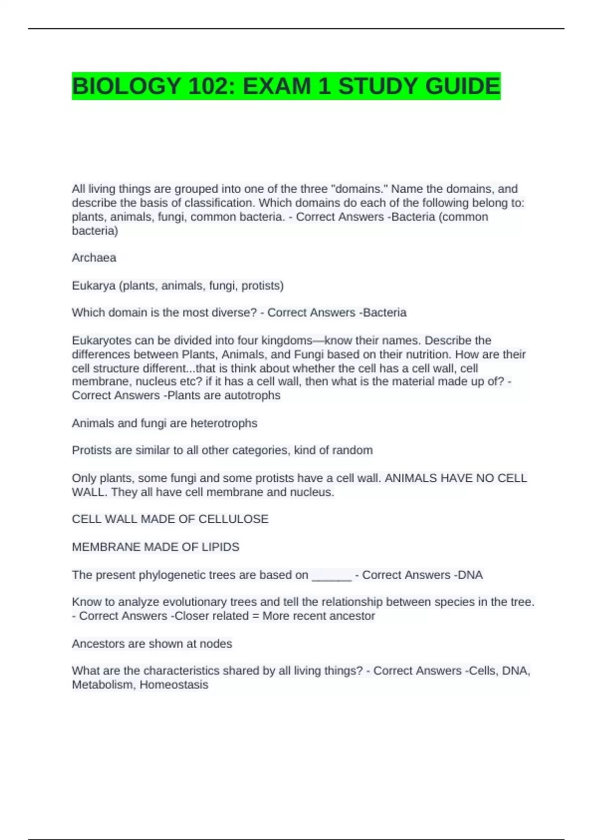 BIOLOGY 102 EXAM 1 STUDY GUIDE WITH VERIFIED SOLUTIONS - BIO 102 ...