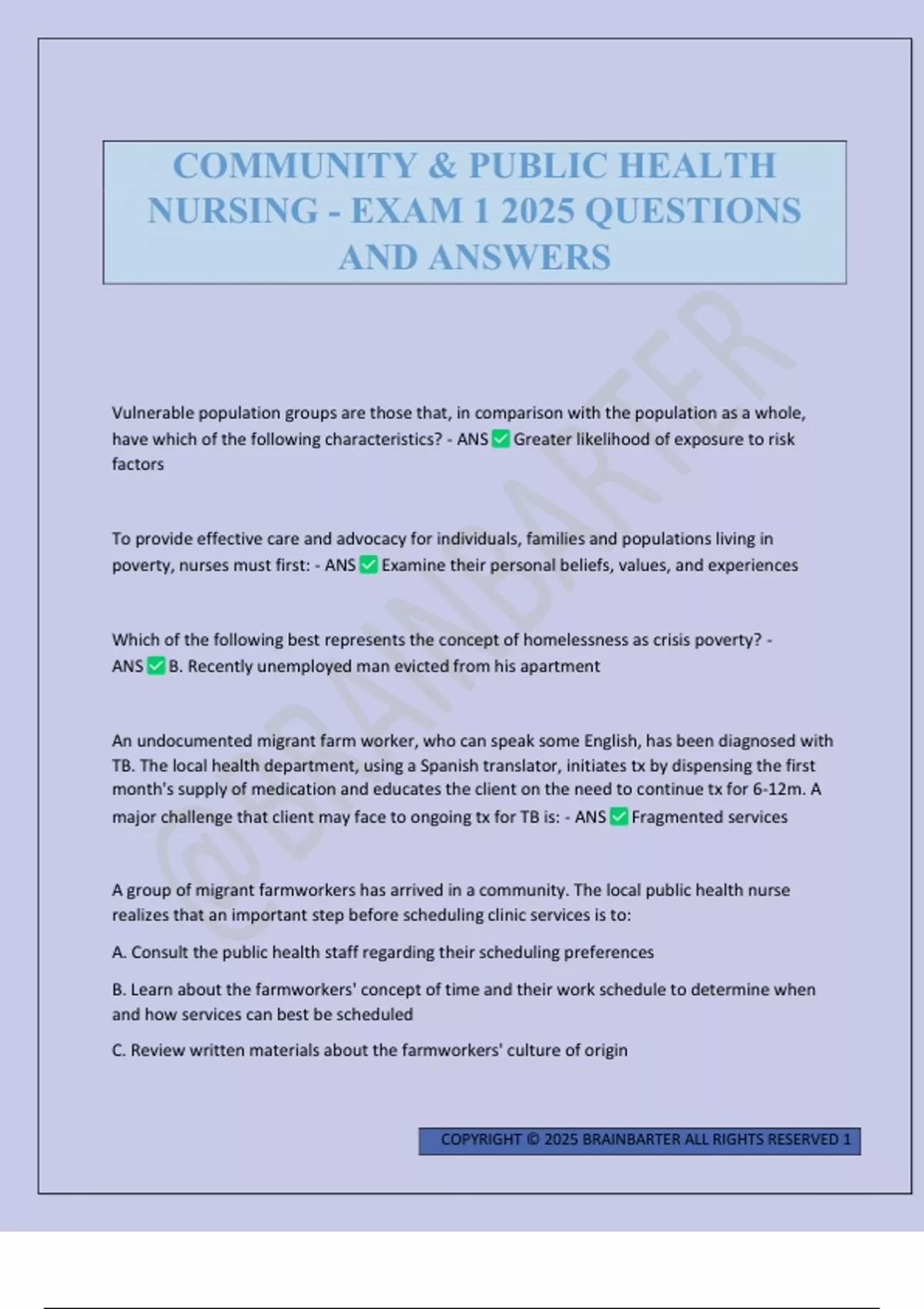 COMMUNITY & PUBLIC HEALTH NURSING - EXAM 1 2025 QUESTIONS AND ANSWERS ...