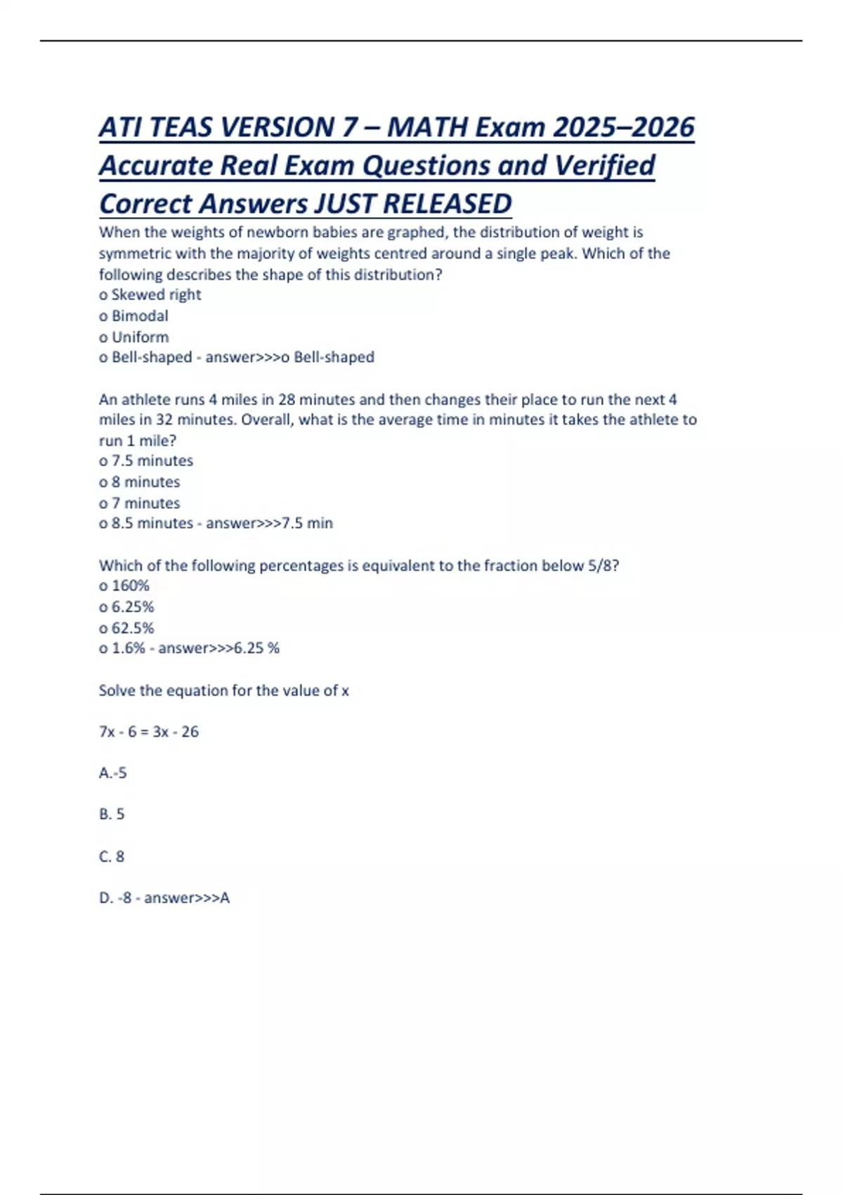 ATI TEAS VERSION 7 – MATH Exam 2025–2026 Accurate Real Exam Questions ...