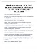 Manhattan Prep 1000 GRE Words&colon; Definitions Test with 100&percnt; Correct Solutions &lpar;2025&sol;2026&rpar;&comma; complete vocabulary assessment