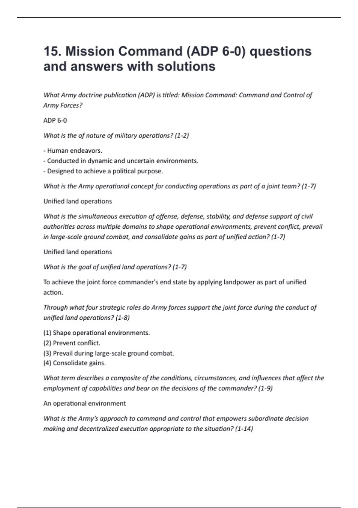 15. Mission Command (ADP 6-0) questions and answers with solutions ...