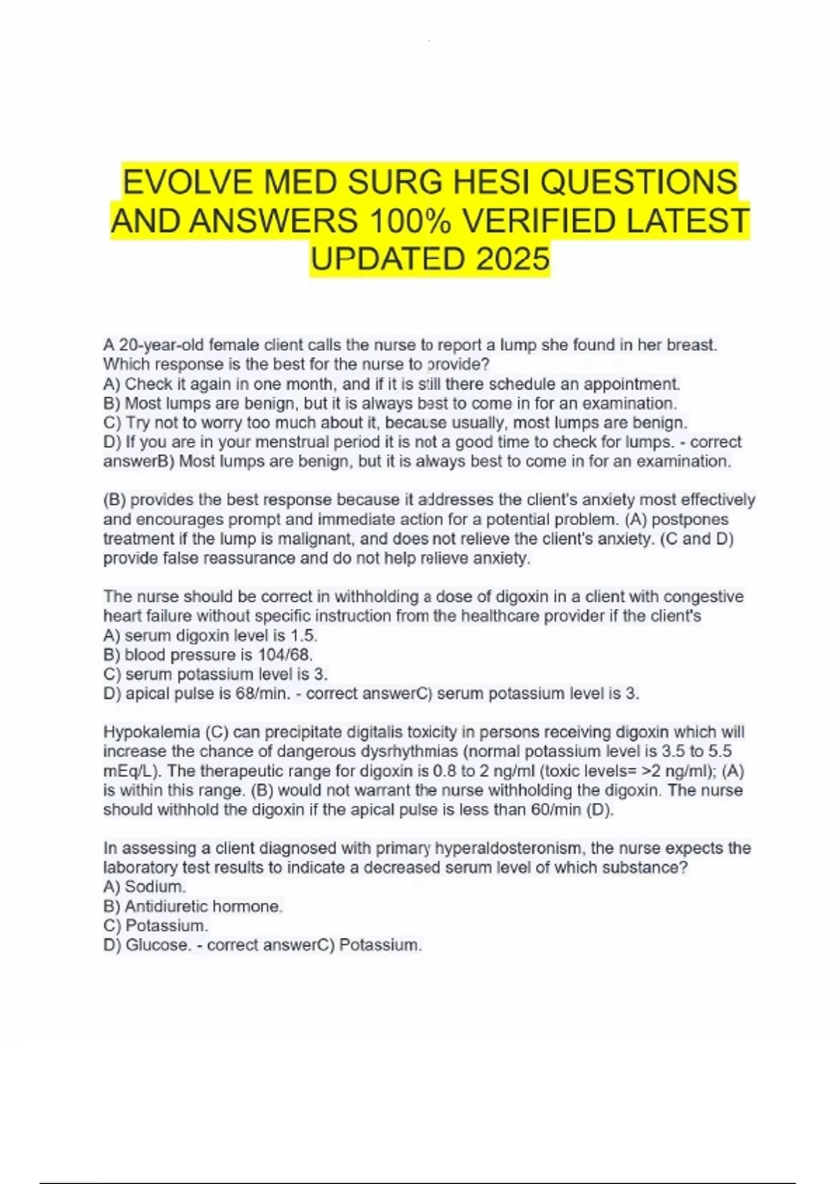 EVOLVE MED SURG HESI QUESTIONS AND ANSWERS 100% VERIFIED LATEST UPDATED ...