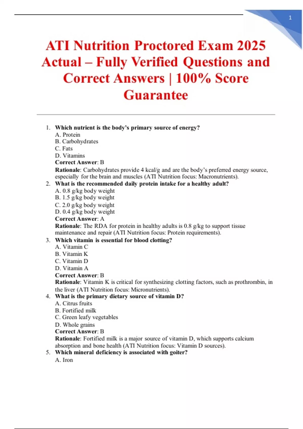 ATI Nutrition Proctored Exam 2025 Actual – Fully Verified Questions and ...