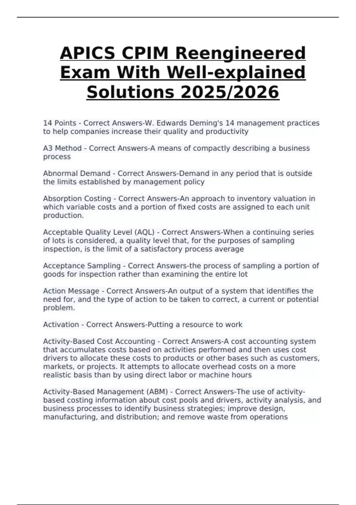 APICS CPIM Reengineered Exam – Well-Explained Solutions (2025/2026 ...