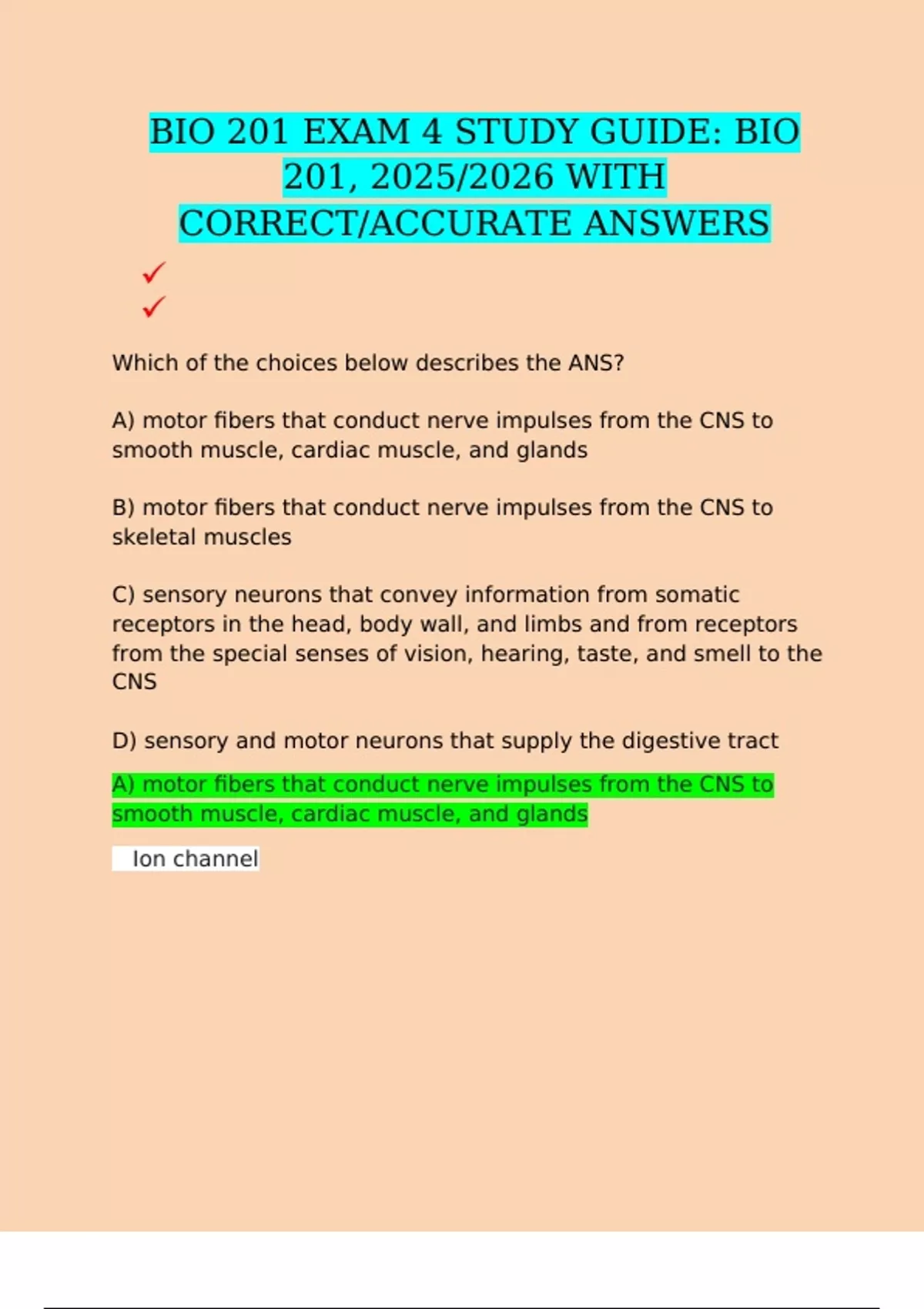 BIO 201 EXAM 4 STUDY GUIDE: BIO 201, 2025/2026 WITH CORRECT/ACCURATE ...