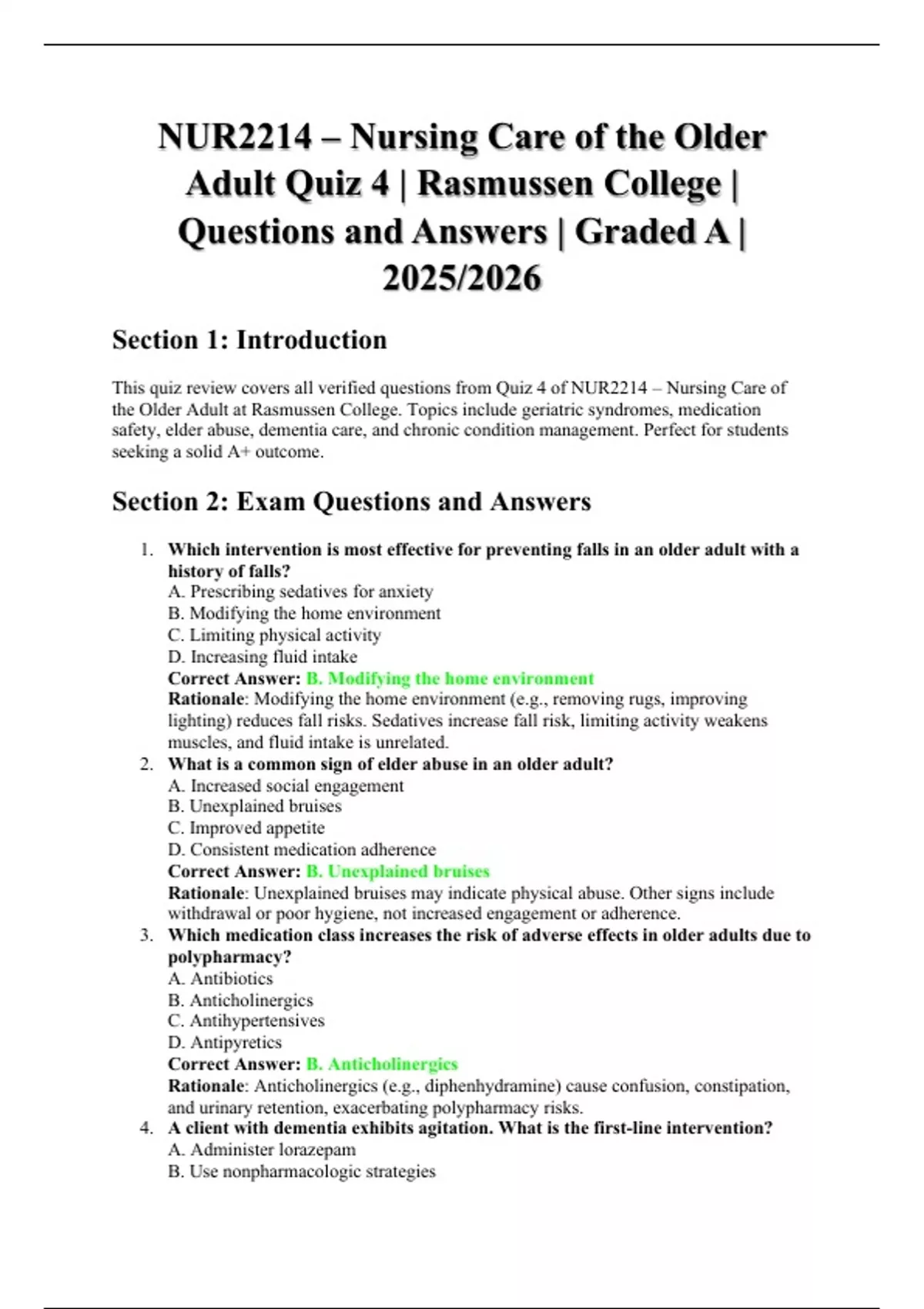 NUR2214 – Nursing Care of the Older Adult Quiz 4 | Rasmussen College ...