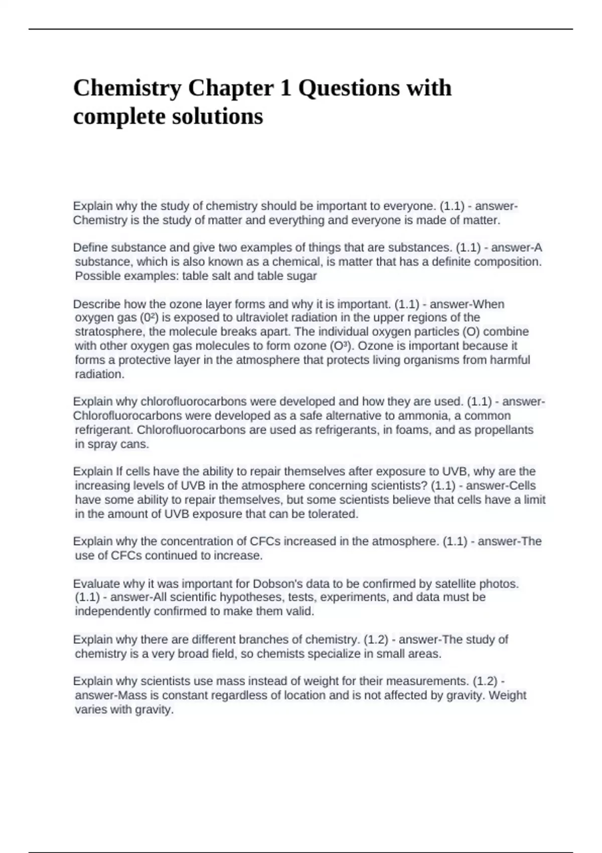 Chemistry Chapter 1 Questions with complete solutions - CHEMICAL ...