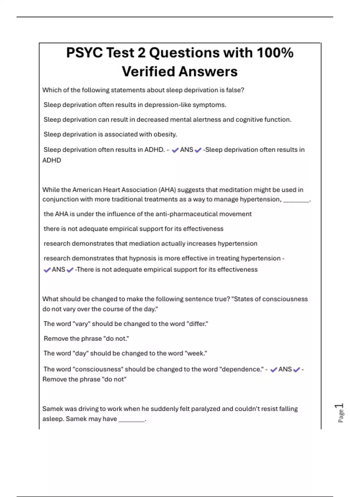 PSYC Test 2 Questions with 100% Verified Answers - PSYC - Stuvia US