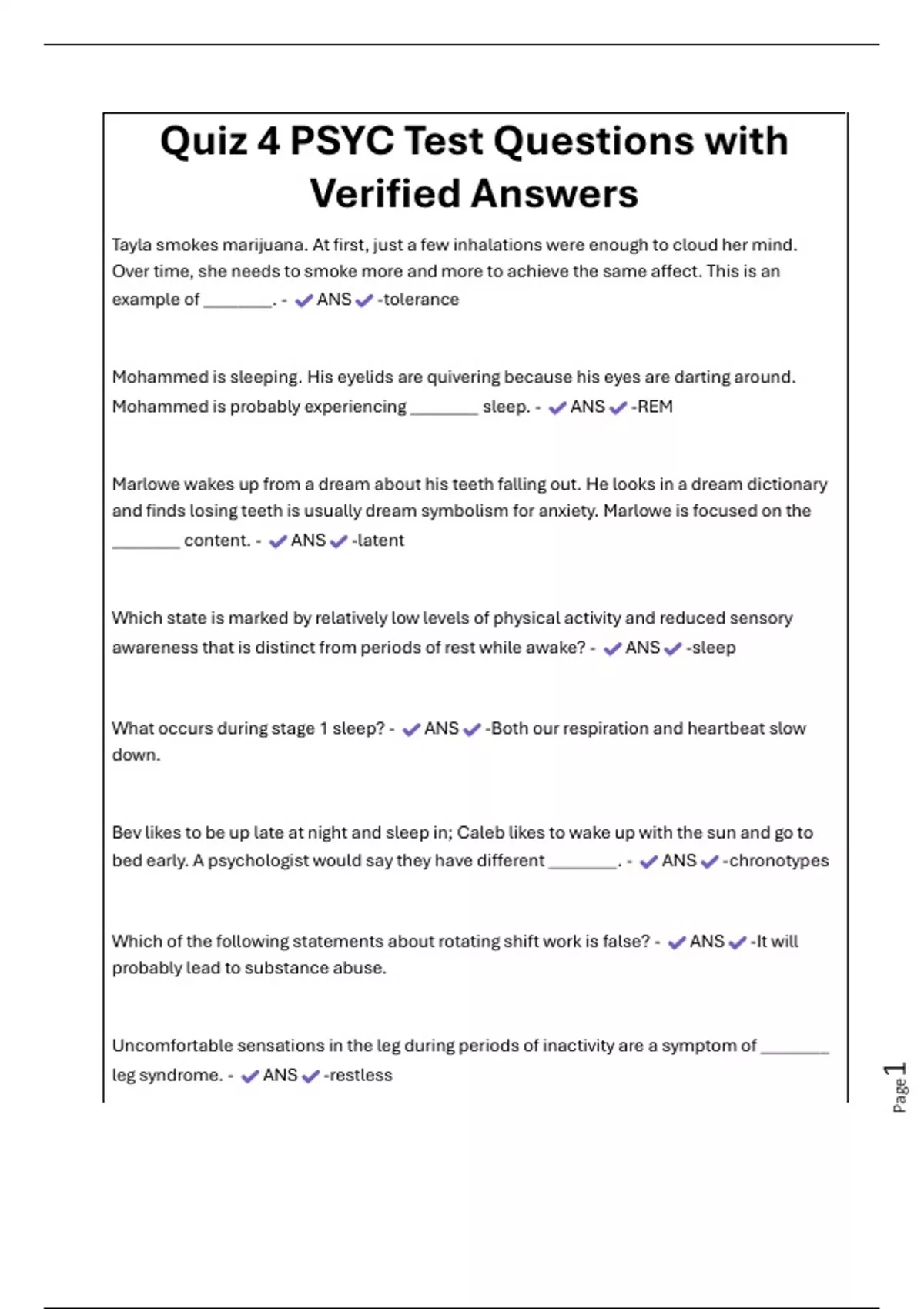 Quiz 4 PSYC Test Questions with Verified Answers - PSYC - Stuvia US