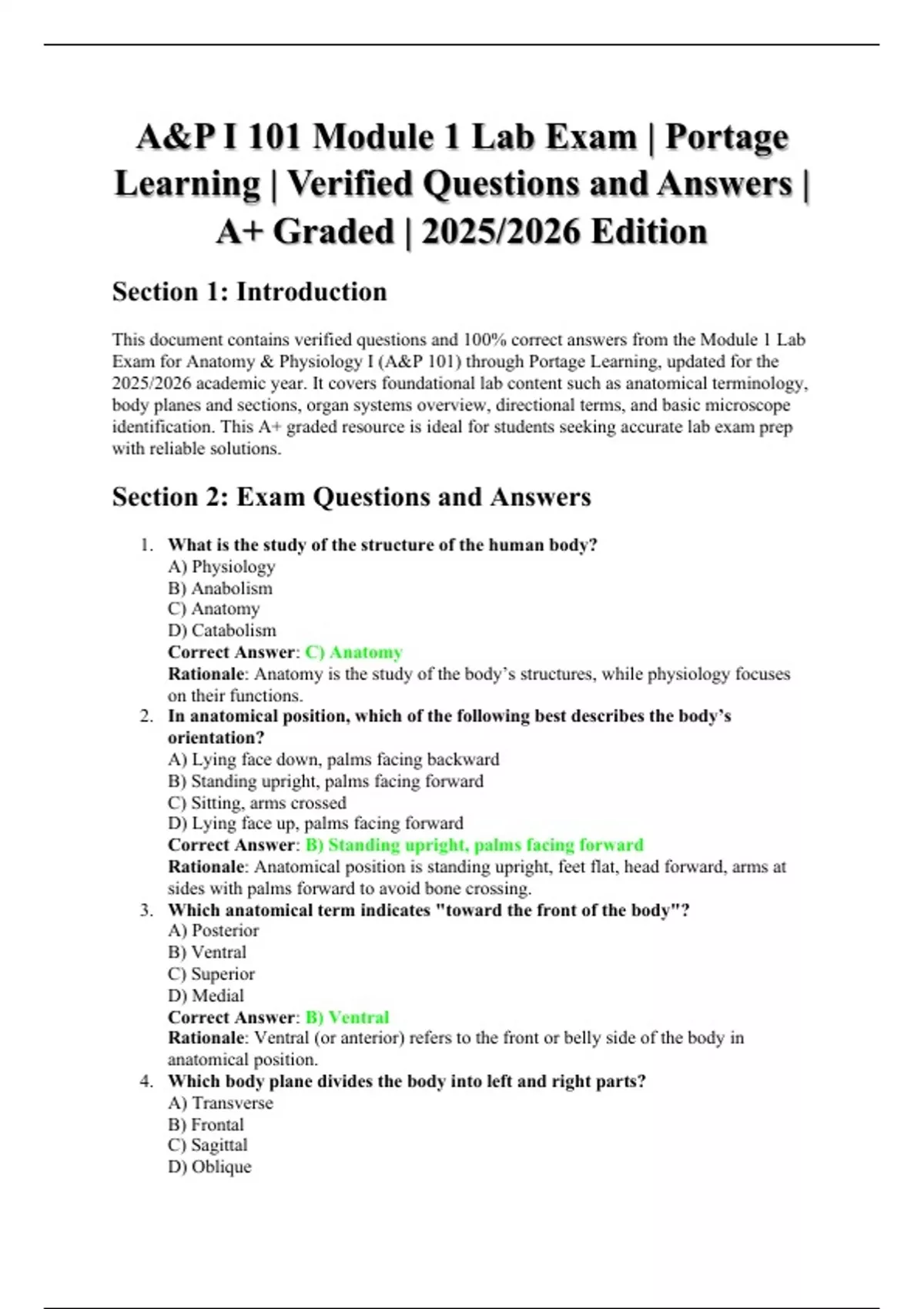 A&P I 101 Module 1 Lab Exam | Portage Learning | Verified Questions and ...