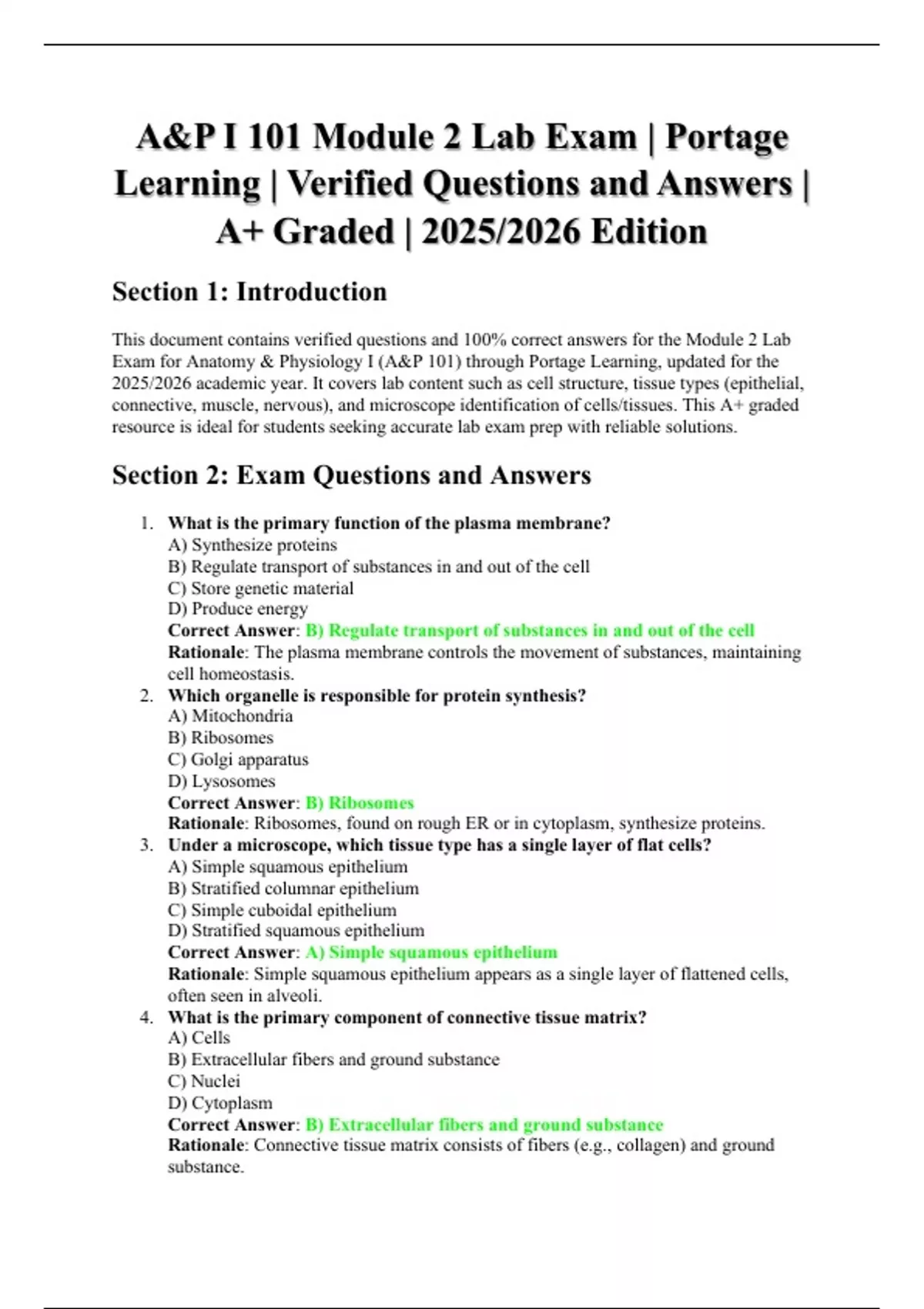 A&P I 101 Module 2 Lab Exam | Portage Learning | Verified Questions and ...