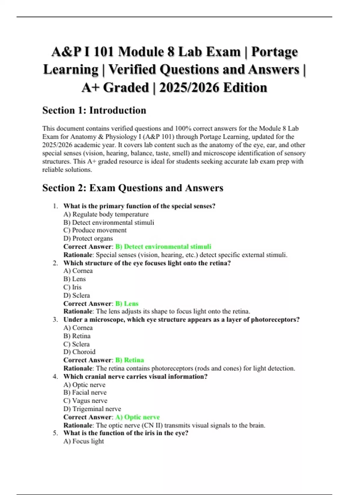 A&P I 101 Module 8 Lab Exam | Portage Learning | Verified Questions and ...