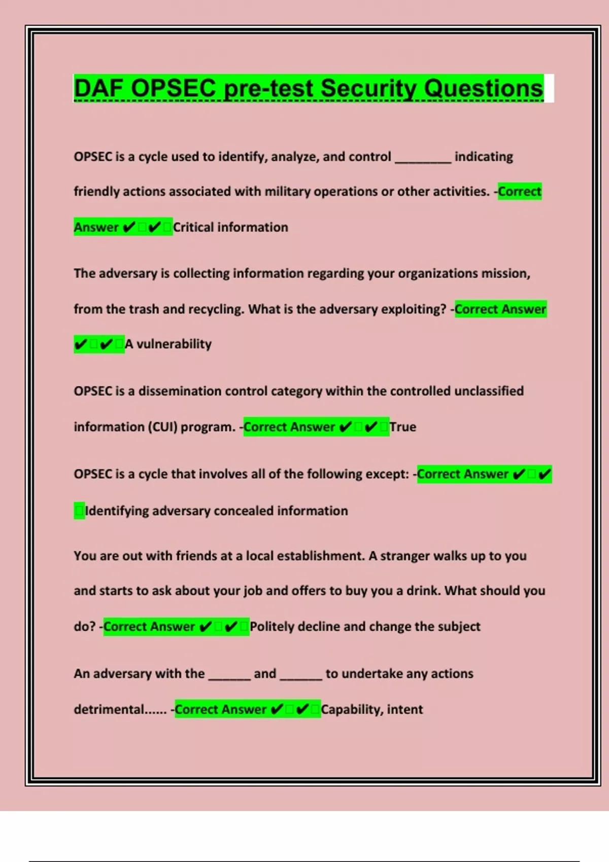 Opsec Checklist.pdf DAF OPSEC pre-test Security Questions And Answers - DAF OPSEC - Stuvia US